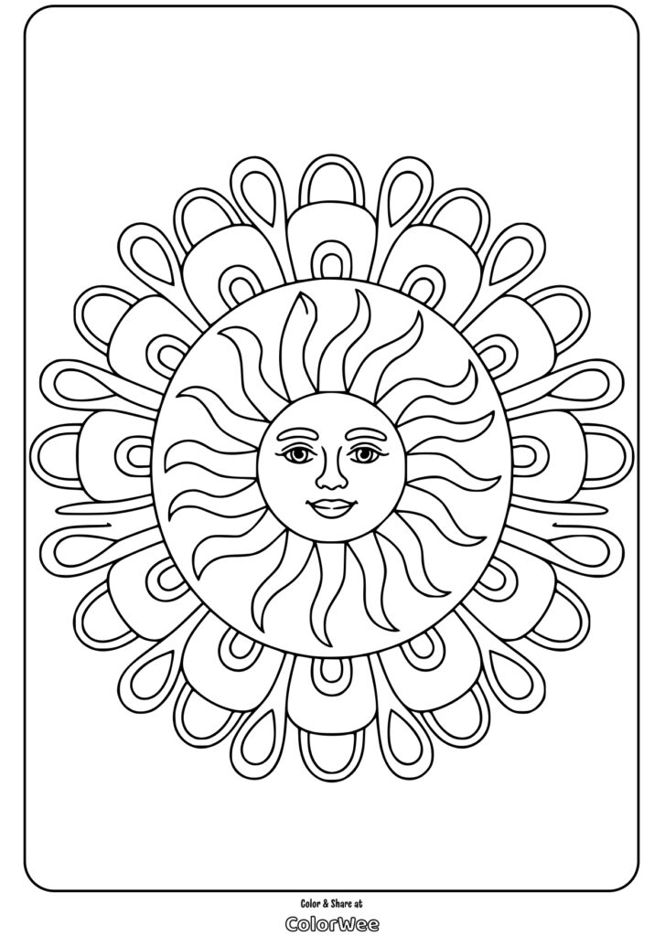 sun mandala simple pattern coloring page Sun face mandala coloring page with intricate patterns.