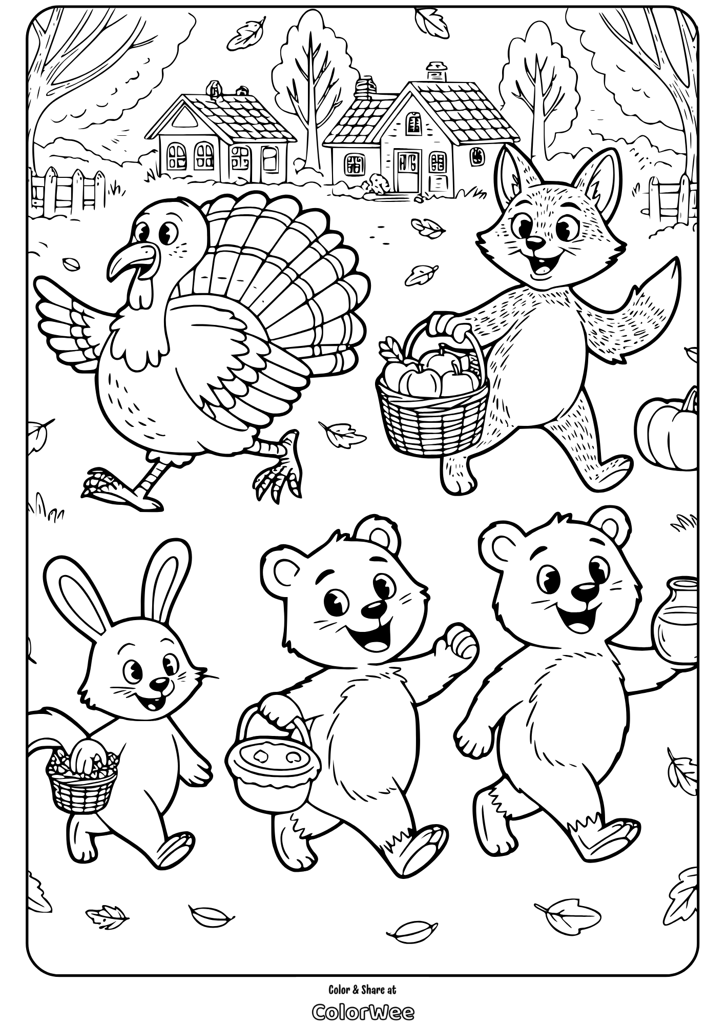 thanksgiving animals walking with baskets coloring page Autumn animals with baskets coloring page