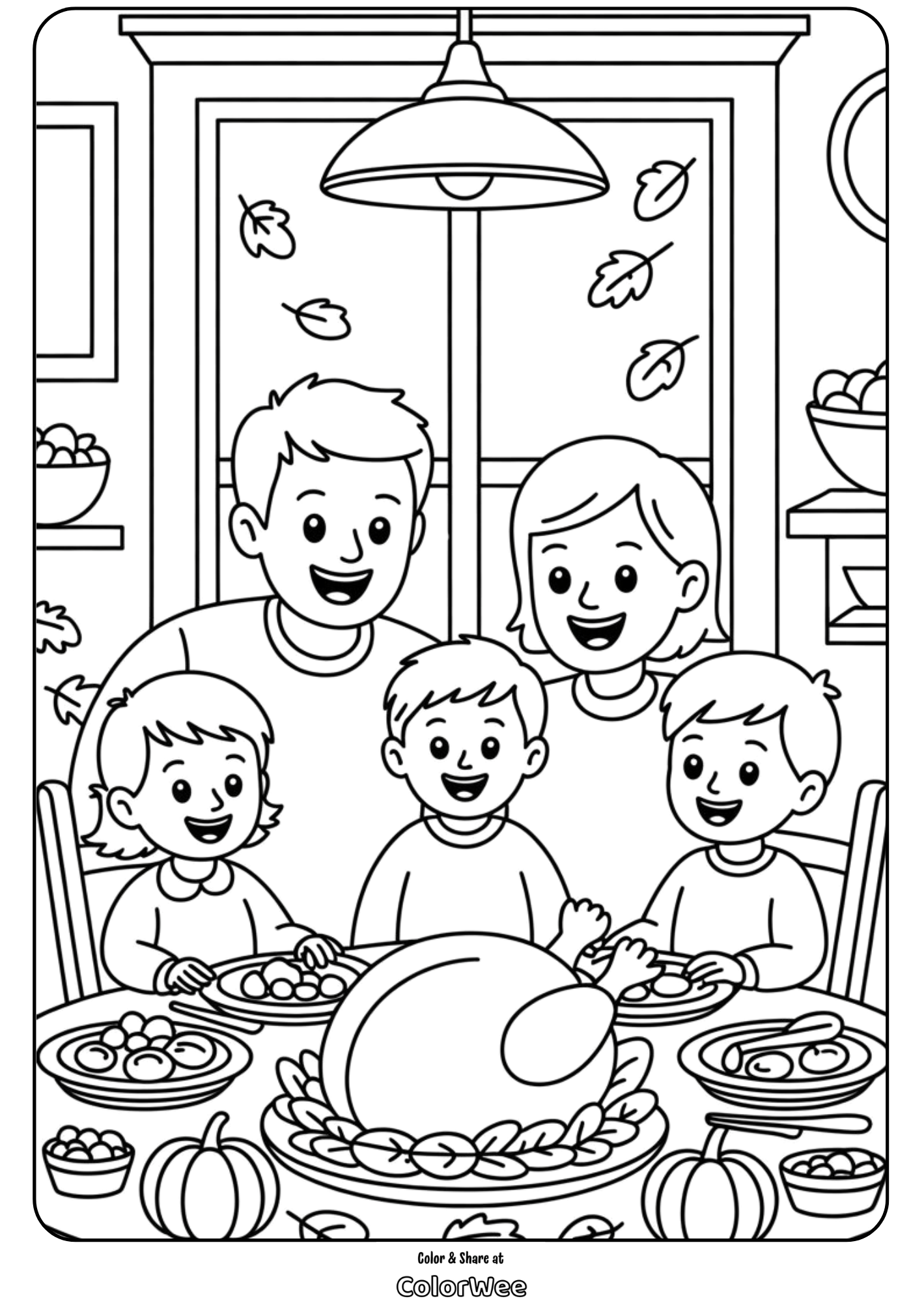 thanksgiving dinner table coloring page Thanksgiving family dinner coloring page with happy cartoon characters.