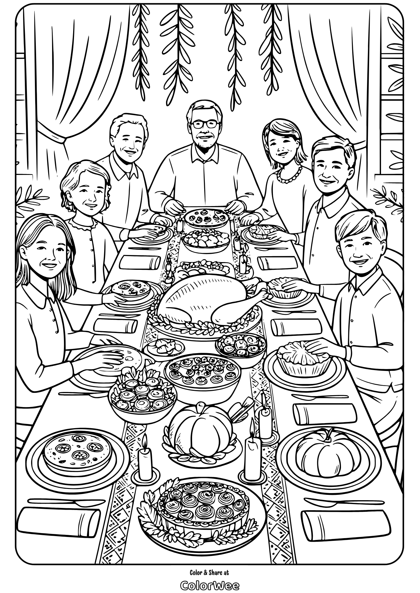 thanksgiving family feast coloring page Family Thanksgiving dinner coloring page with turkey and side dishes.