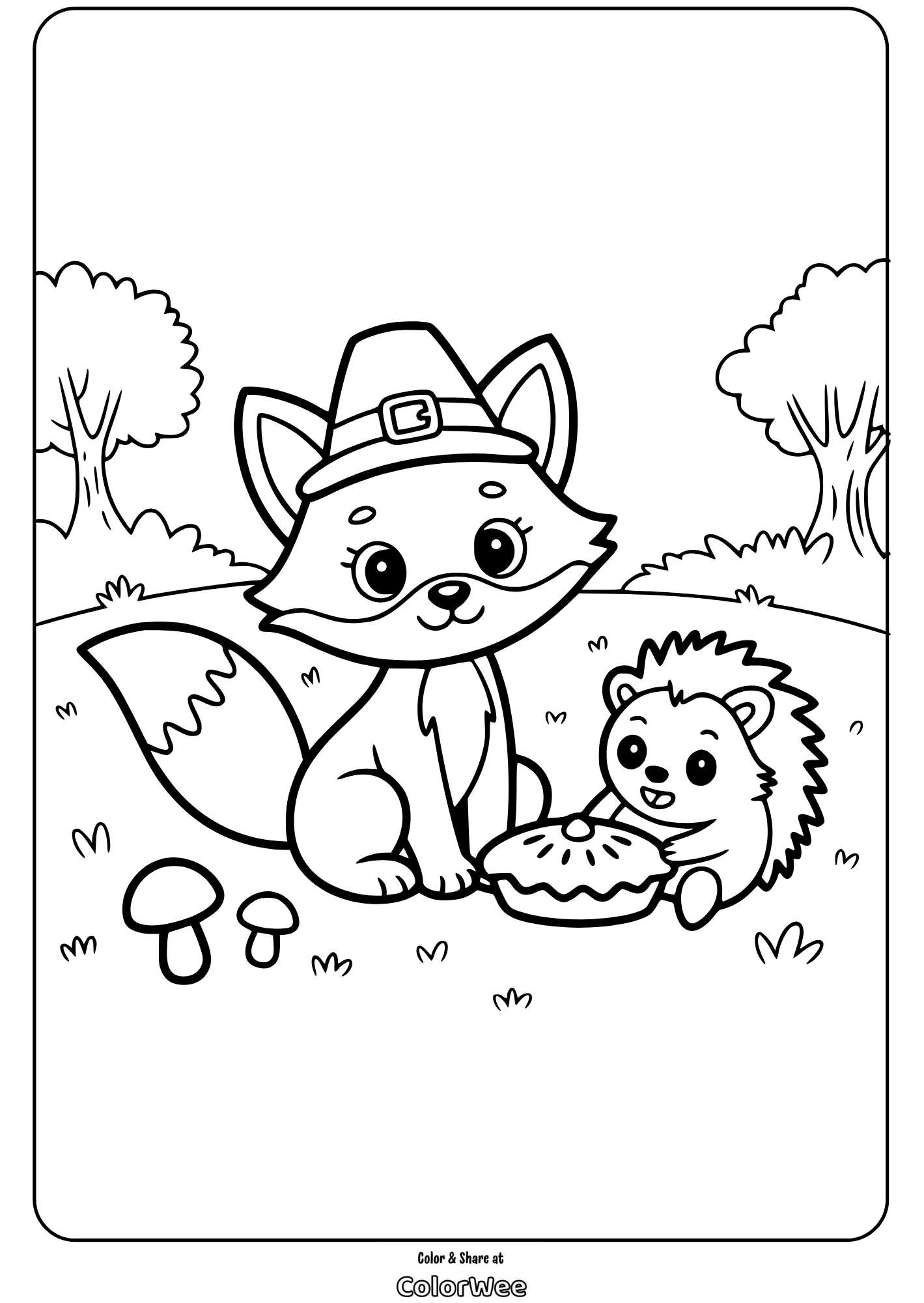 thanksgiving fox and hedgehog with pie coloring page Fox and hedgehog sharing pie in a forest coloring page.