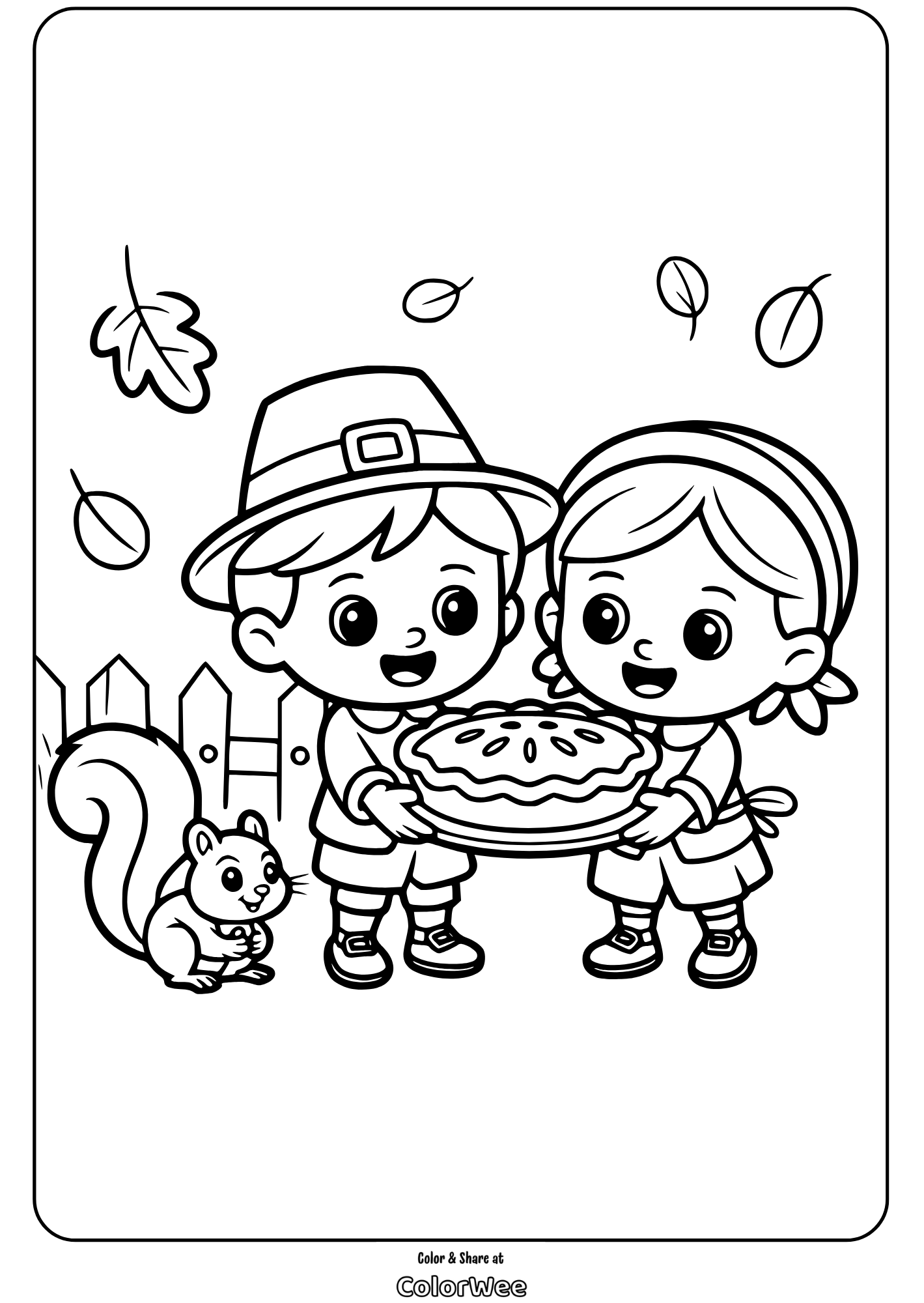 thanksgiving kids sharing pie coloring page Thanksgiving kids with pie coloring page, autumn leaves and squirrel.