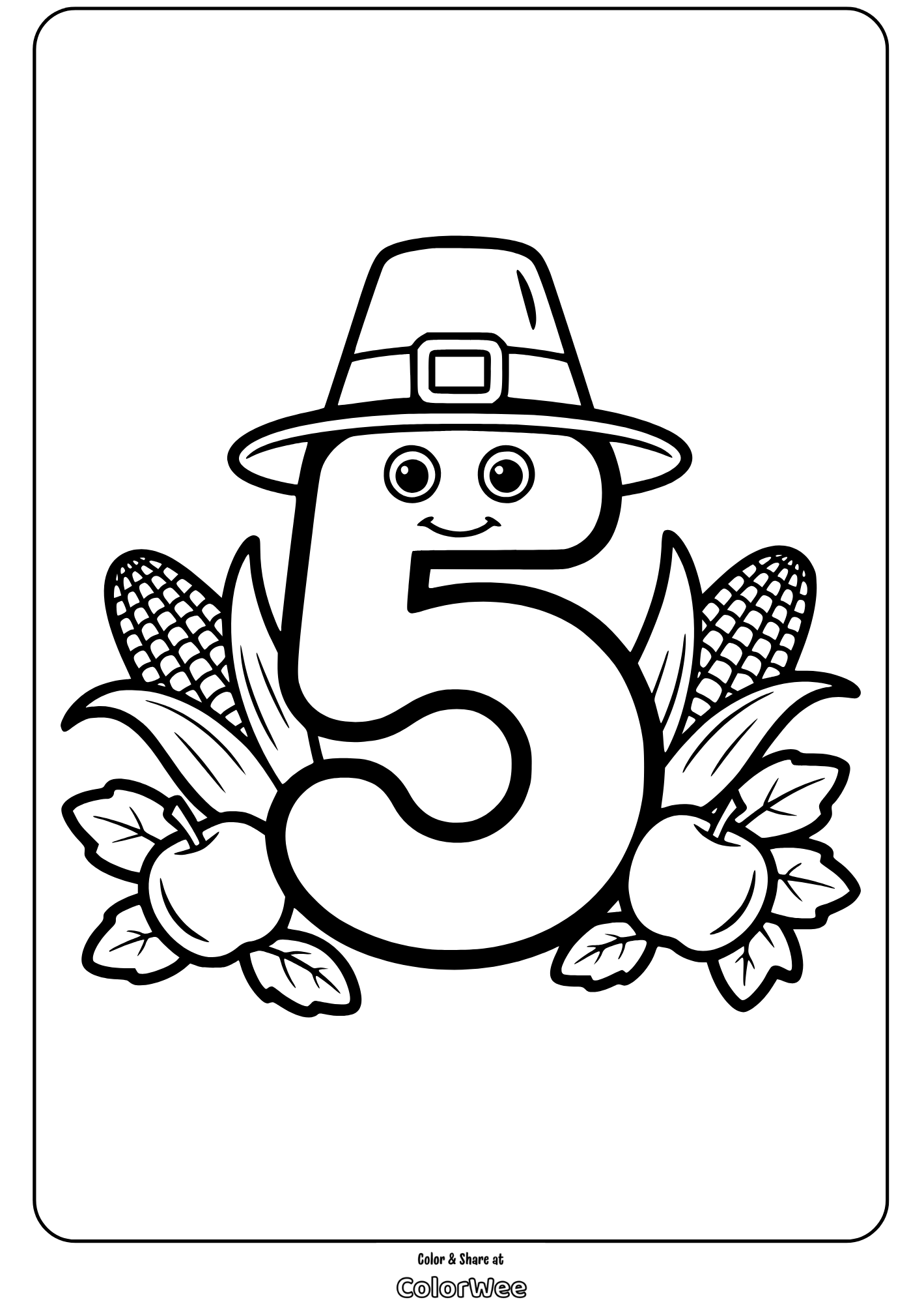 Smiling number 5 with pilgrim hat and harvest fruits coloring page