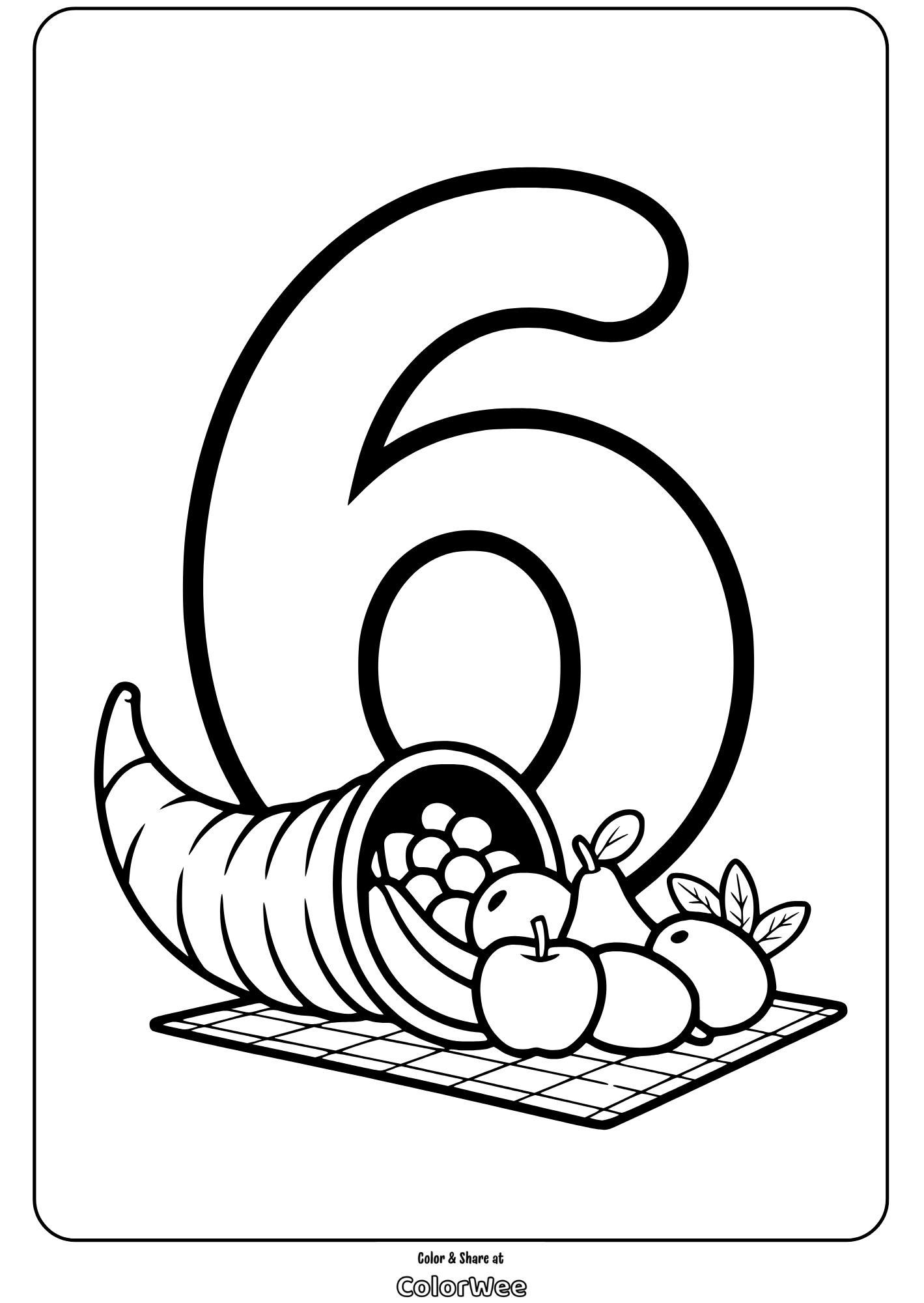 Number 6 coloring page with a cornucopia of fruit.