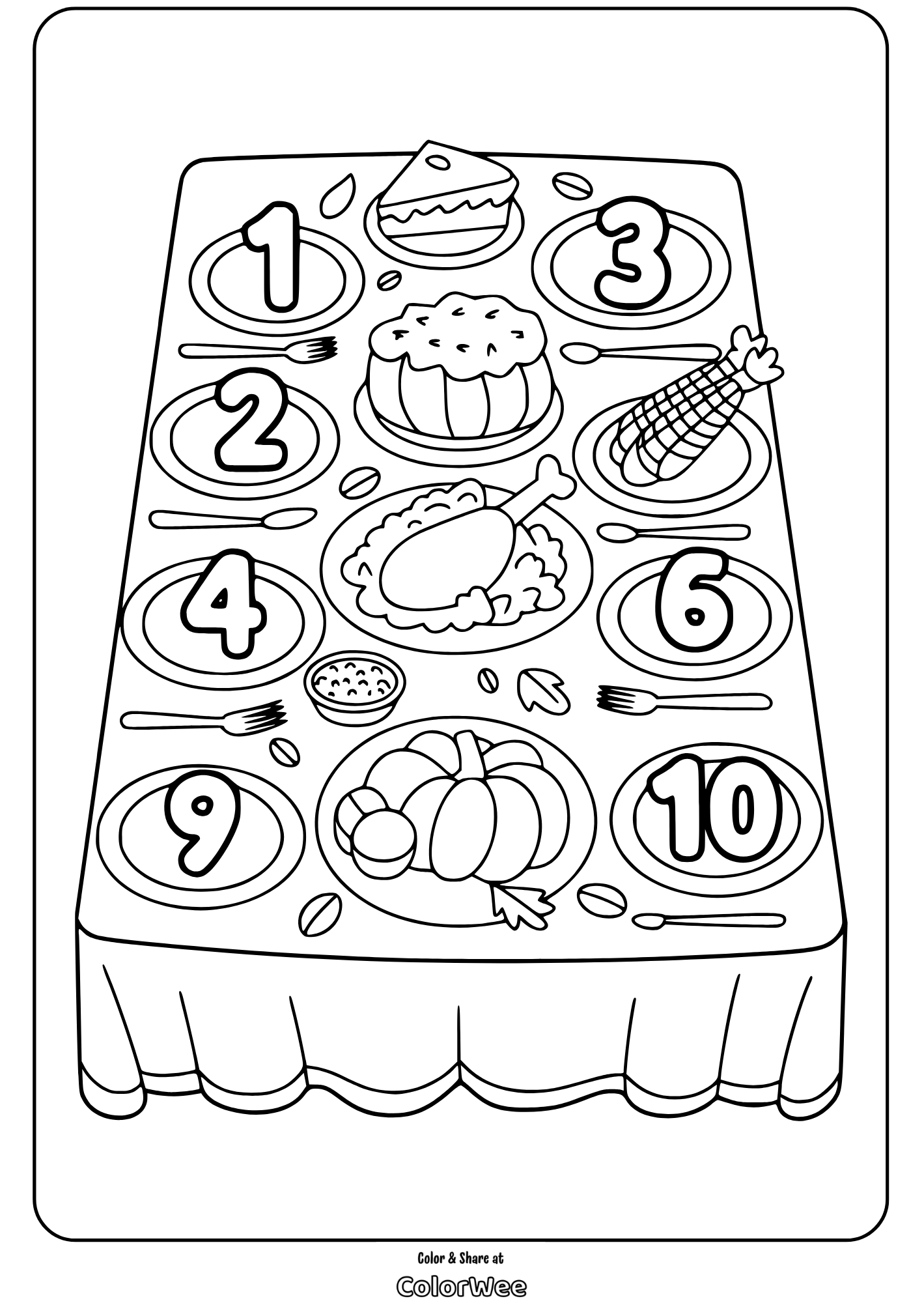 Thanksgiving dinner table coloring page with numbered plates.