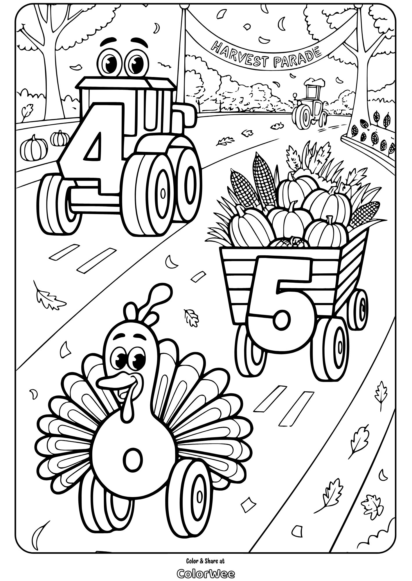 Harvest Parade coloring page with tractor and turkey.