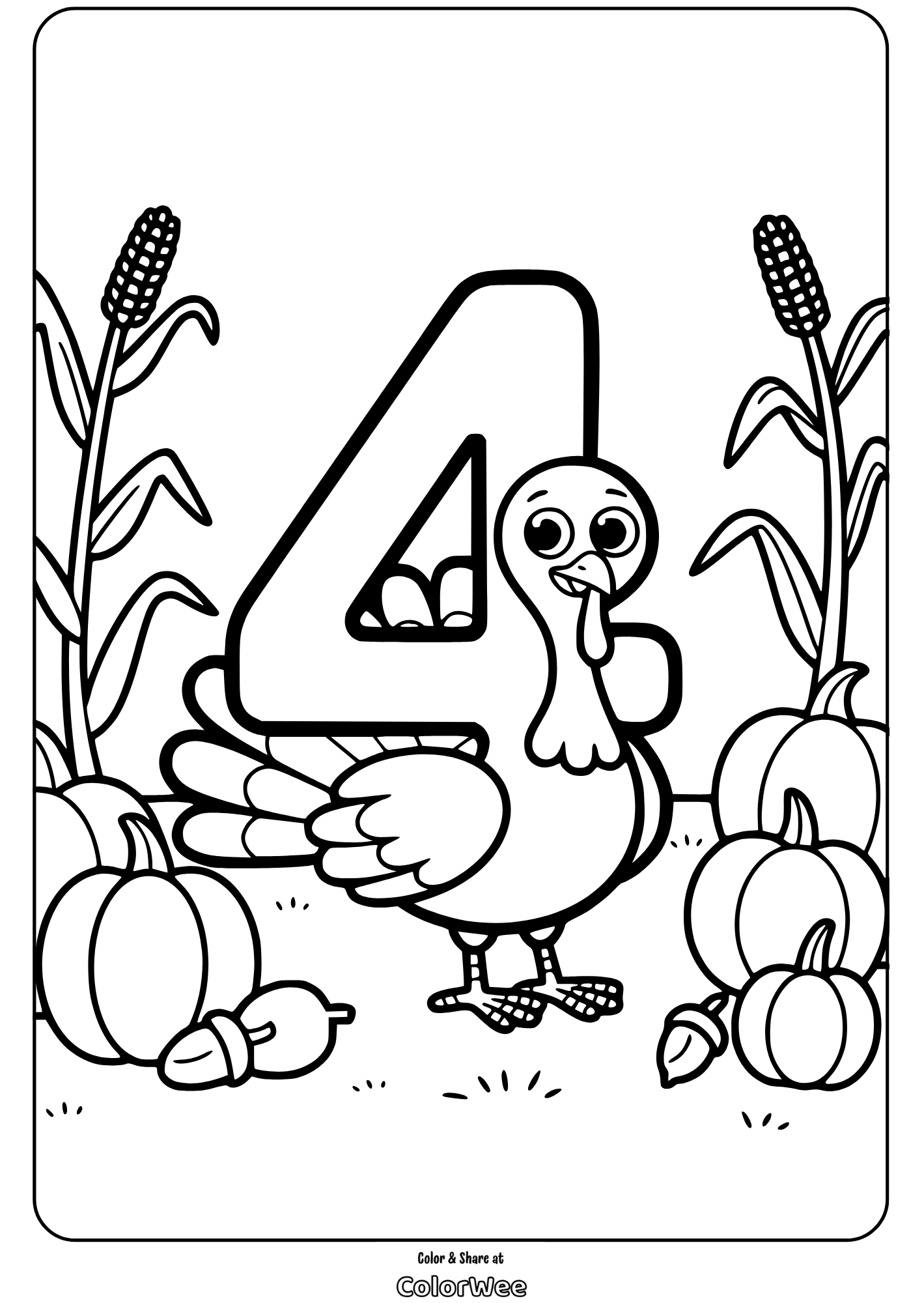 Turkey and number 4 with pumpkins coloring page for kids