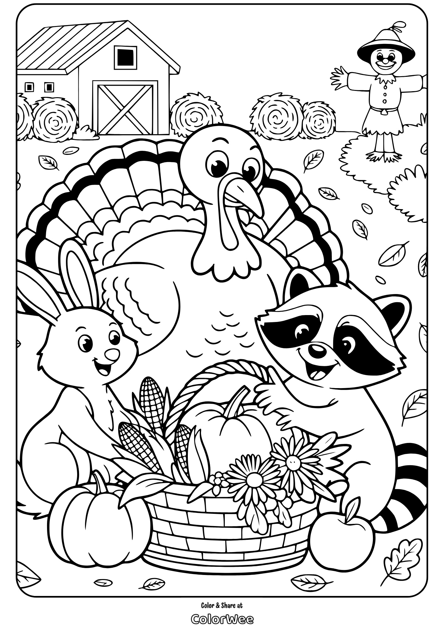 thanksgiving turkey barnyard harvest coloring page Animals Thanksgiving harvest coloring page with turkey, raccoon, and rabbit.