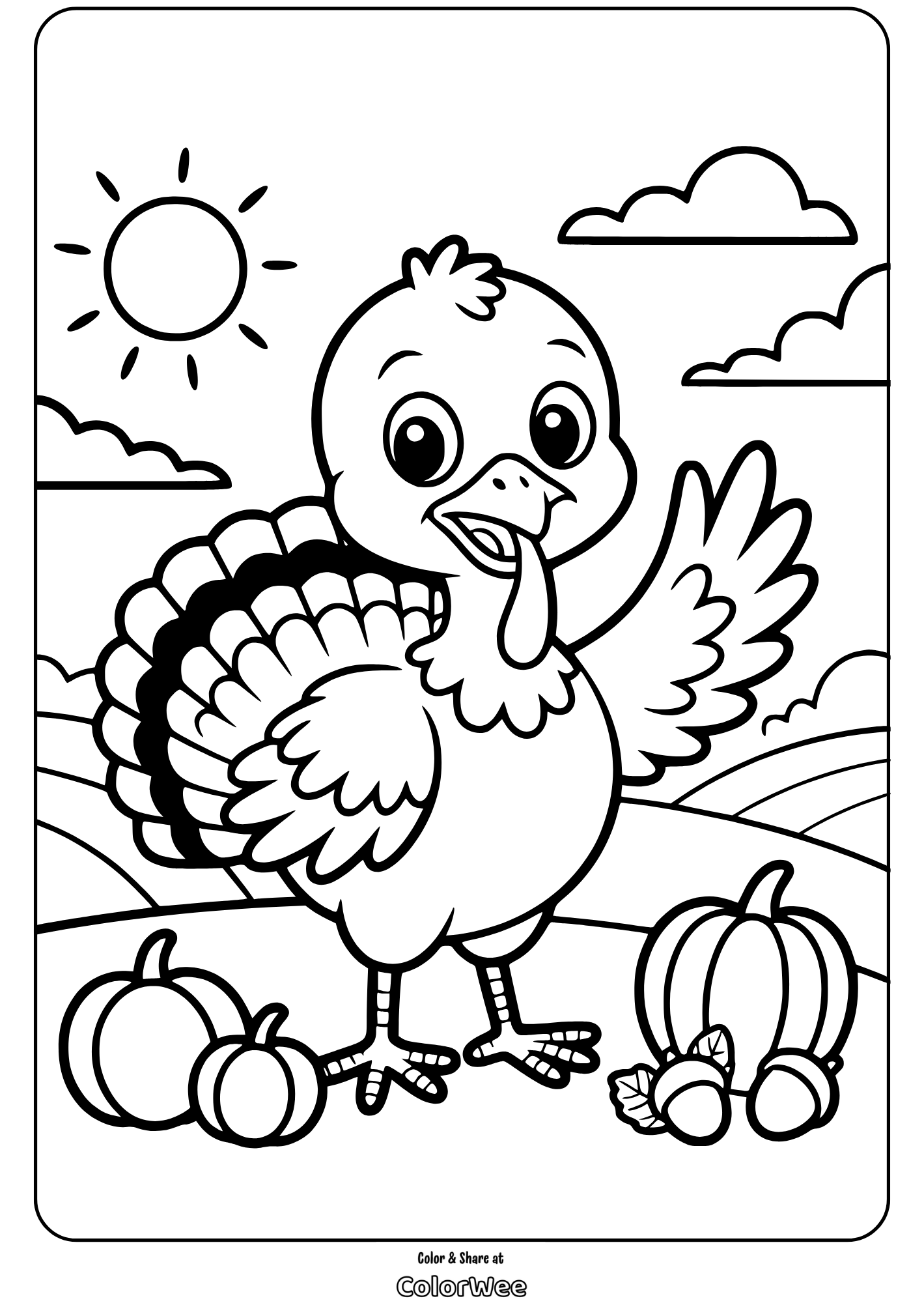 thanksgiving turkey with pumpkins coloring page Coloring page: Cute turkey with pumpkins in a sunny field.
