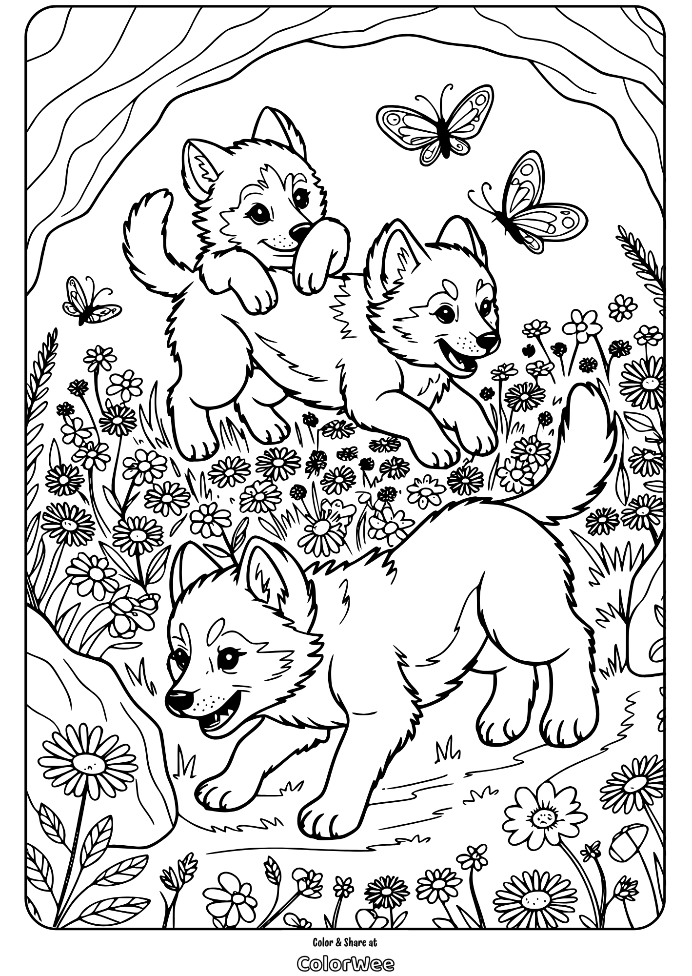 three baby wolf pups playing in flowers coloring page Wolf pups playing in a meadow with butterflies and flowers coloring page.