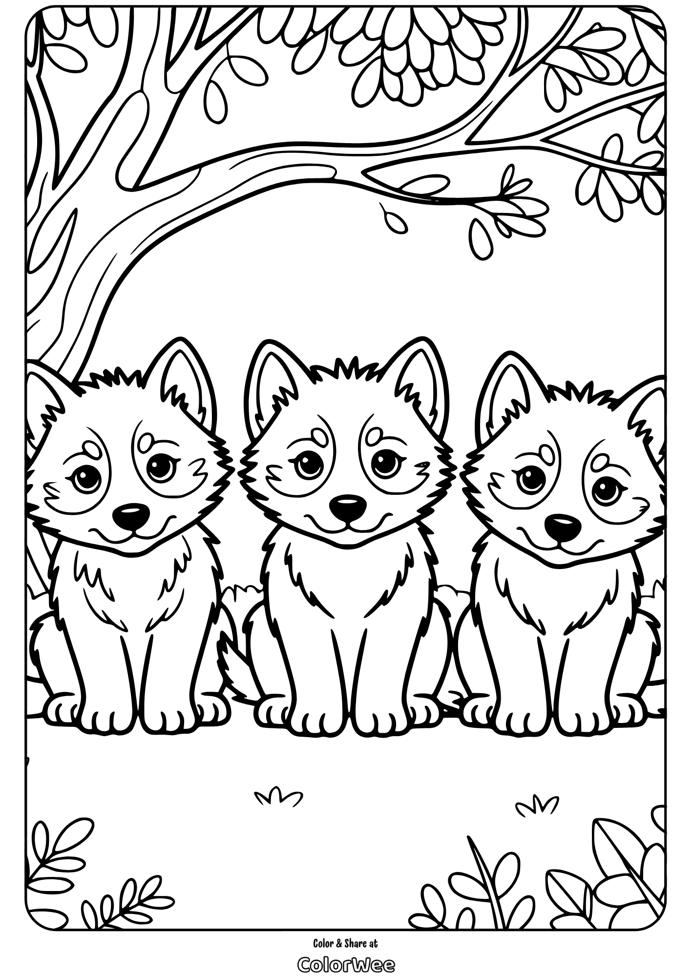three cute wolf pack pups under tree coloring page Three adorable wolf pups under a tree coloring page.