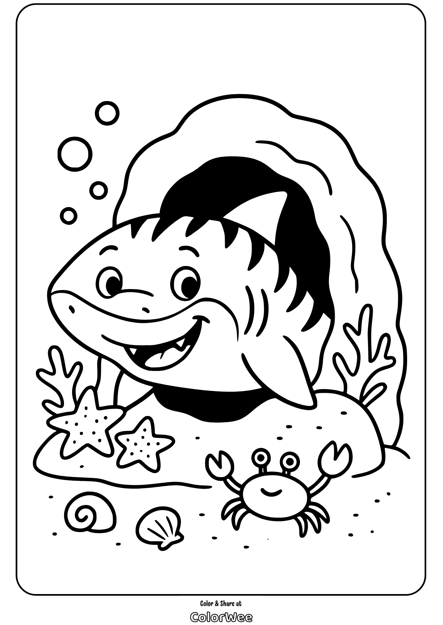 tiger shark coral cave smile easy Cute shark and crab in underwater coloring page.