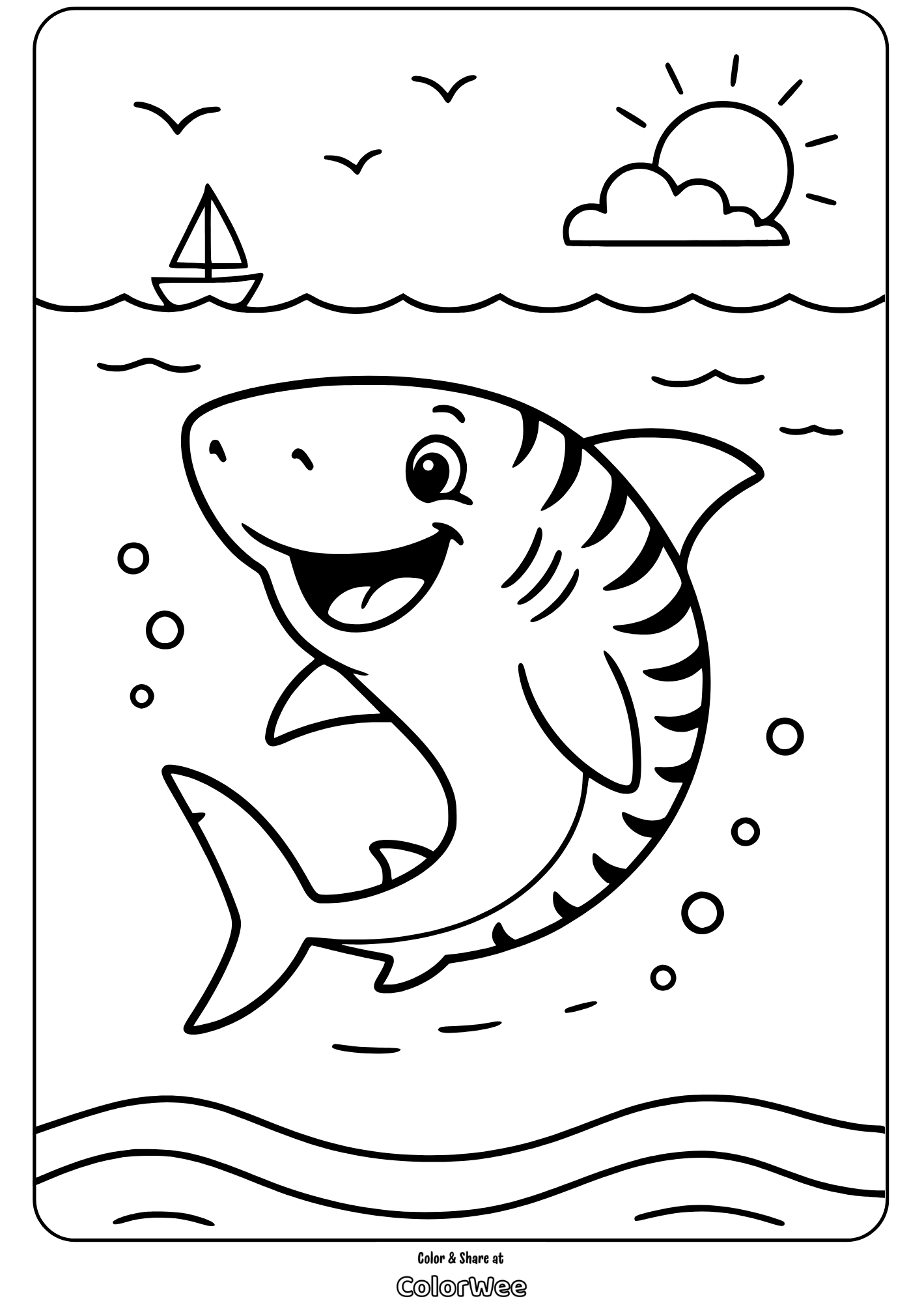 tiger shark sunny seas easy Joyful shark coloring page with ocean background.