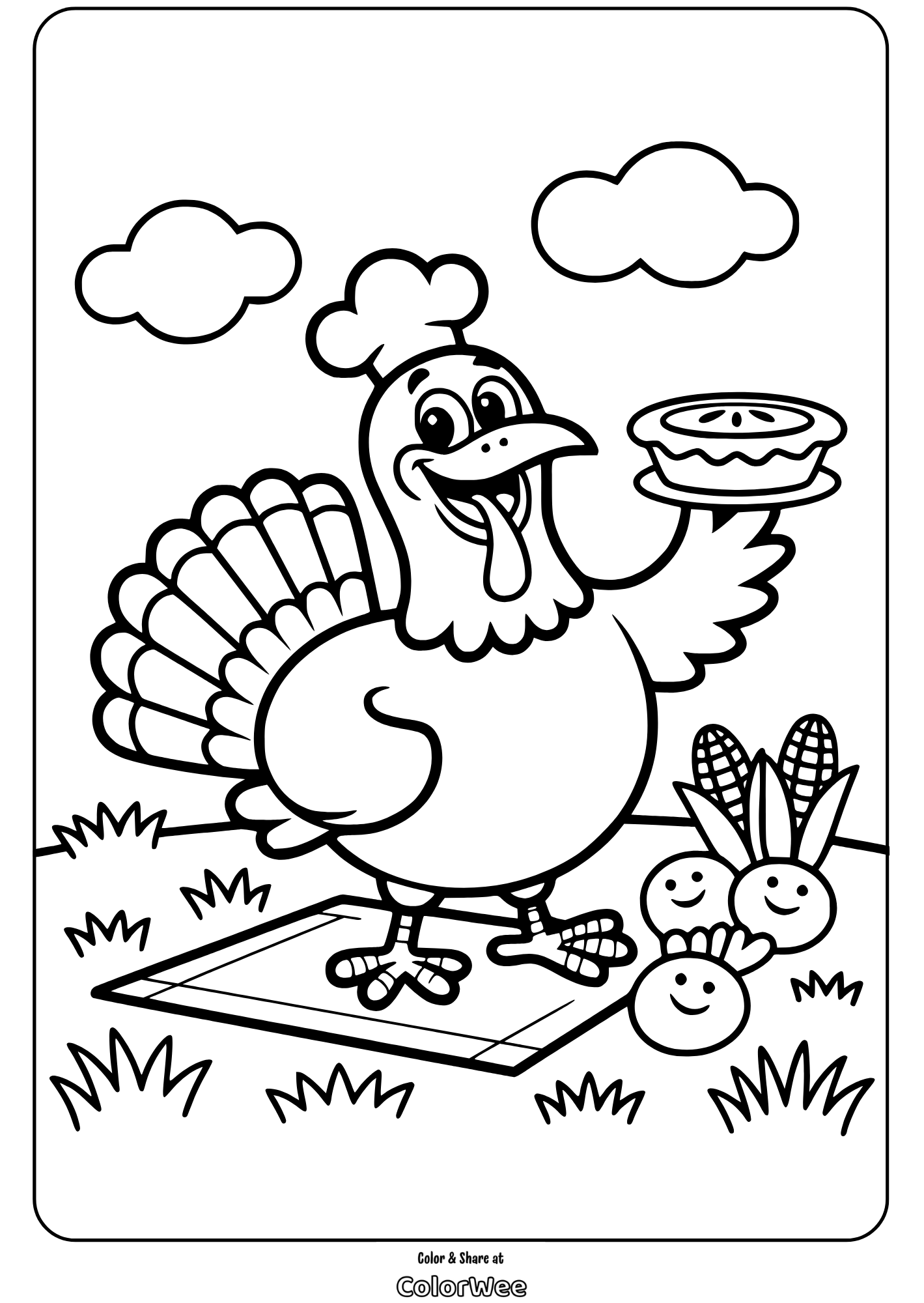 turkey with pie coloring page Turkey chef with pie and veggies, Thanksgiving coloring page.