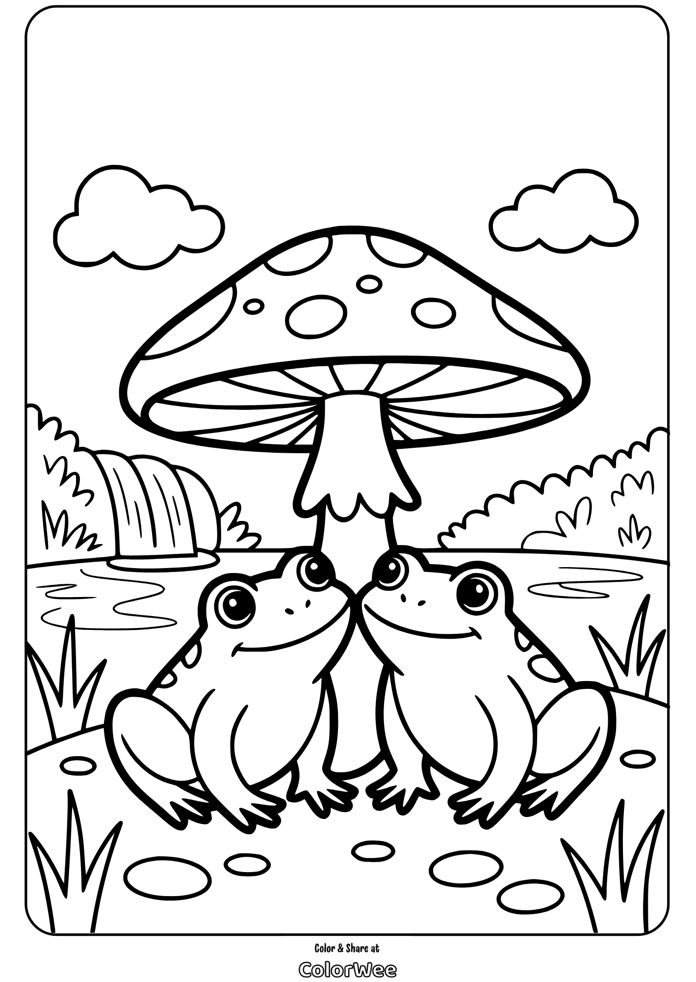 two frogs under big mushroom Two frogs under a mushroom coloring page with a pond background.