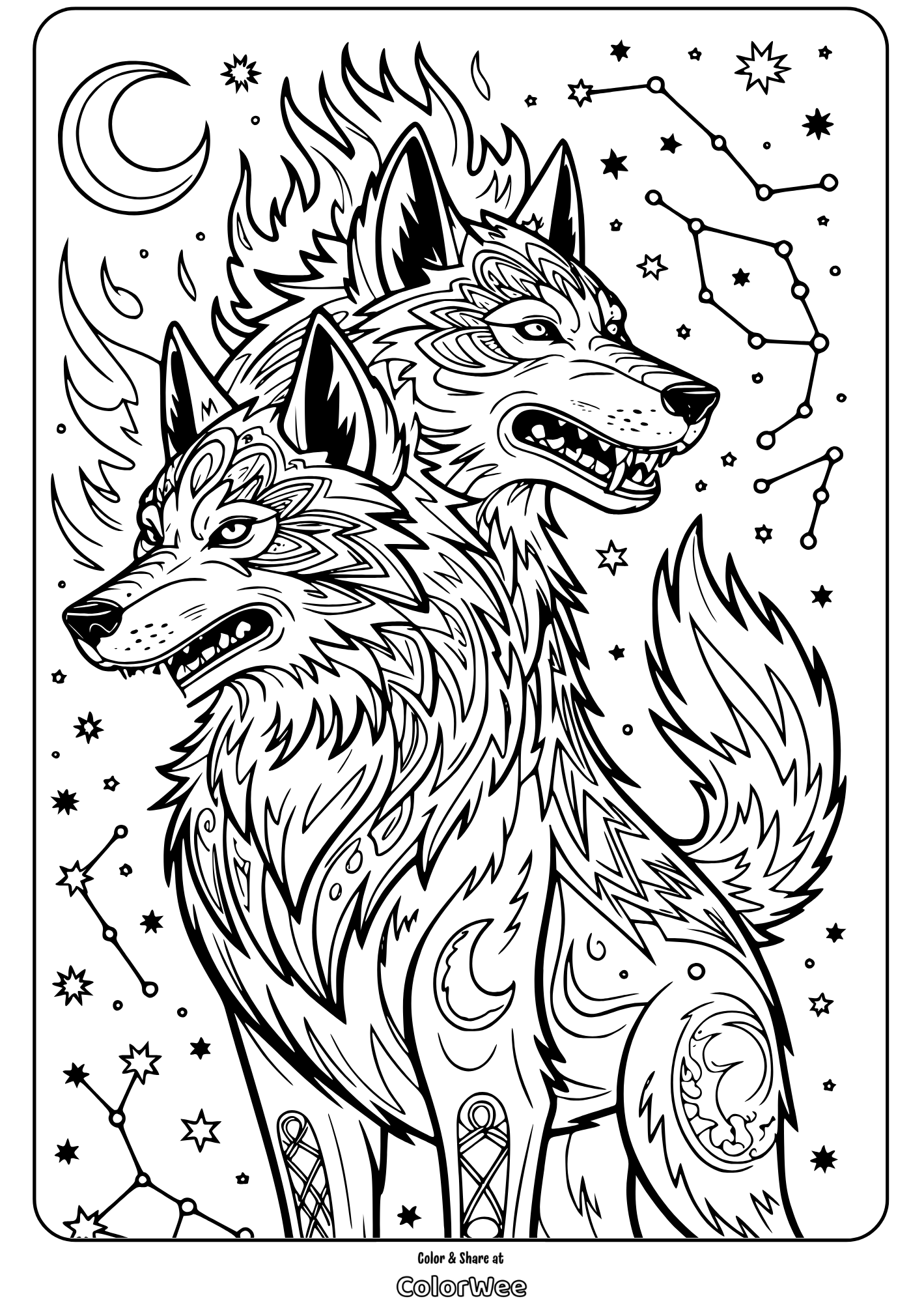 two headed mythical wolf constellation coloring page Wolf coloring page with stars and constellations background