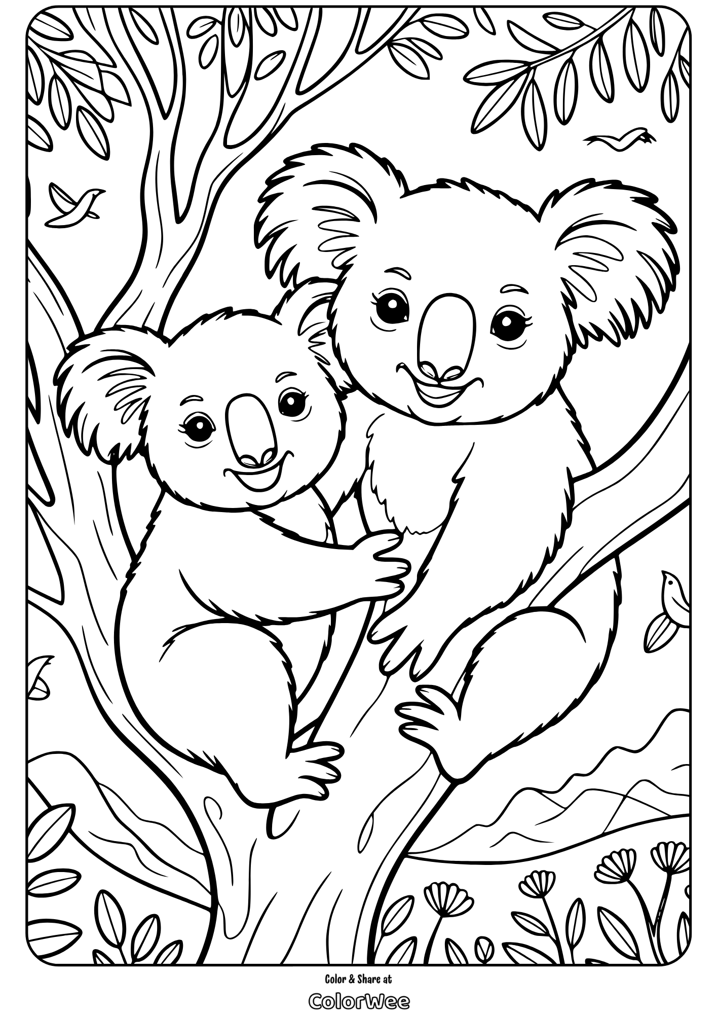 two koalas in tree coloring page Cute koalas coloring page for kids.