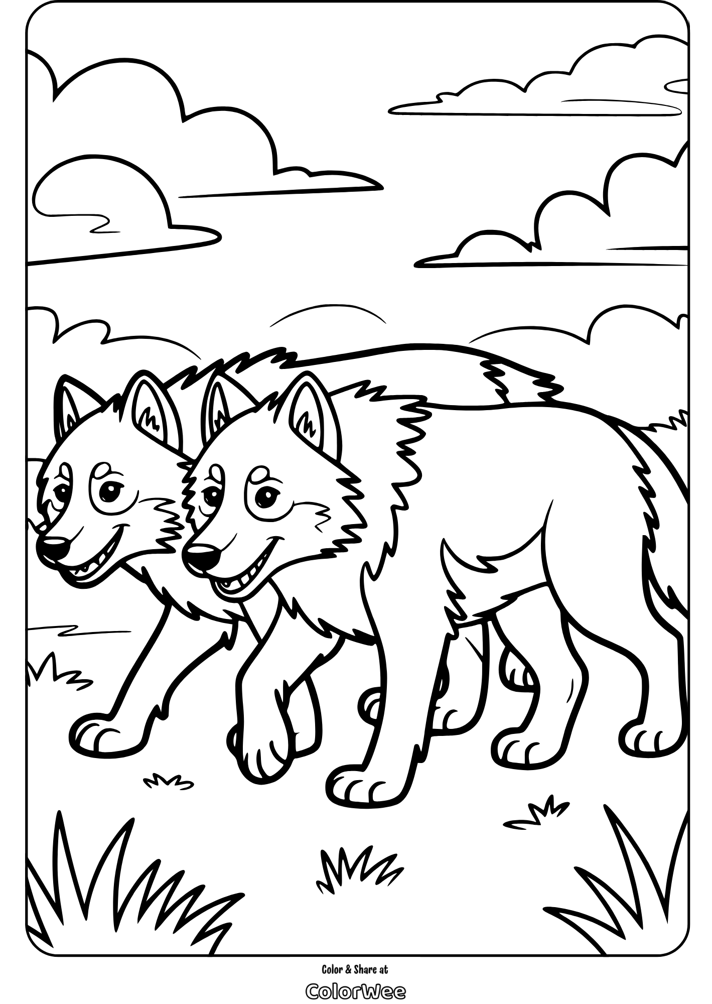 two wolf pack walking smiling coloring page Two wolves coloring page for kids.