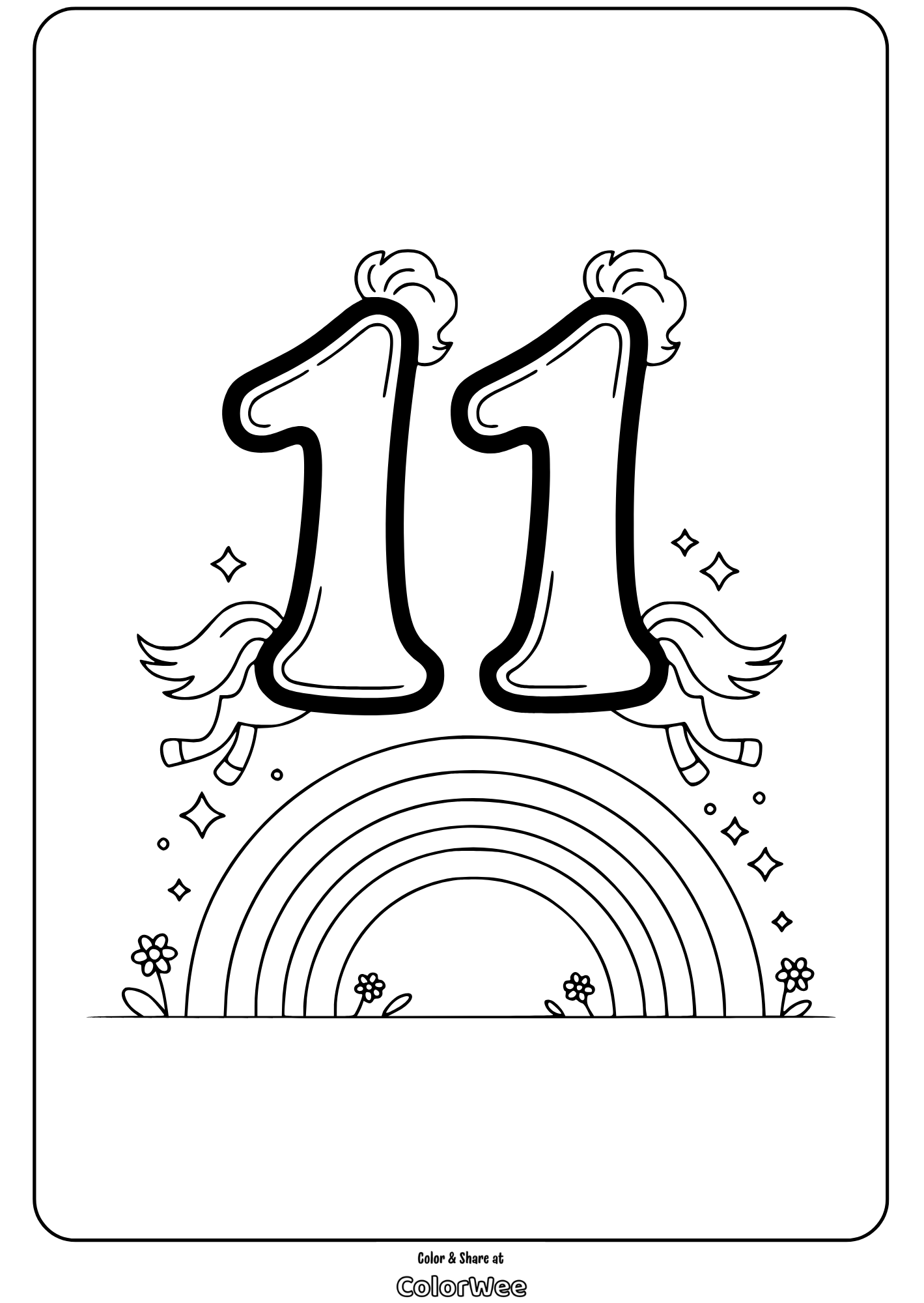 Celebratory number 11 with rainbows and stars coloring page.