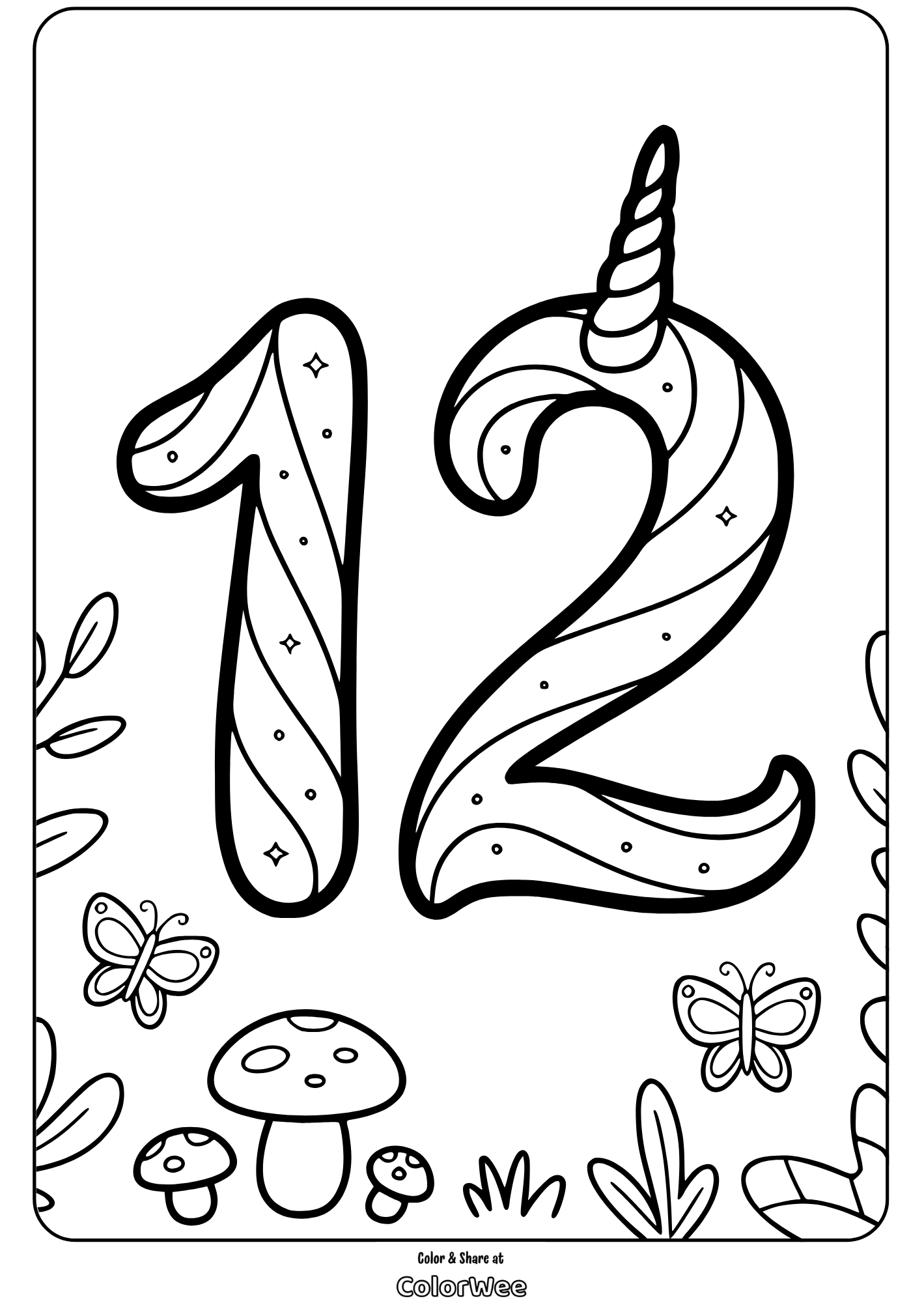 Whimsical number 12 coloring page with butterflies and mushrooms.