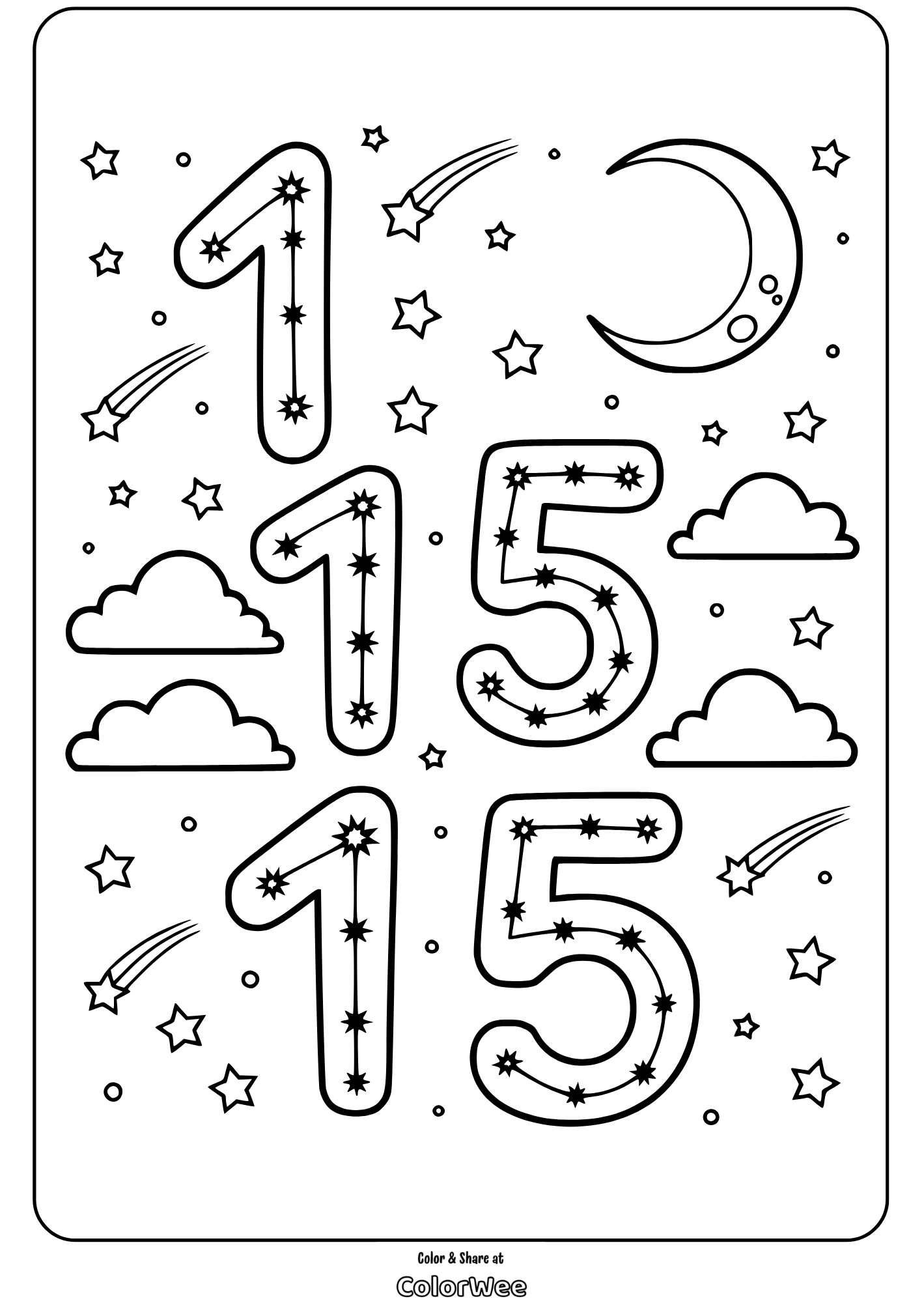 Number 15 coloring page with stars, clouds, and moon. Perfect for kids.
