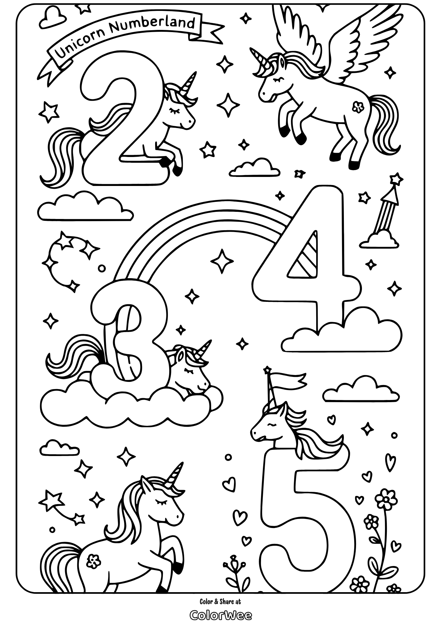 Unicorn Numberland coloring page with numbers 2-5 and unicorns.