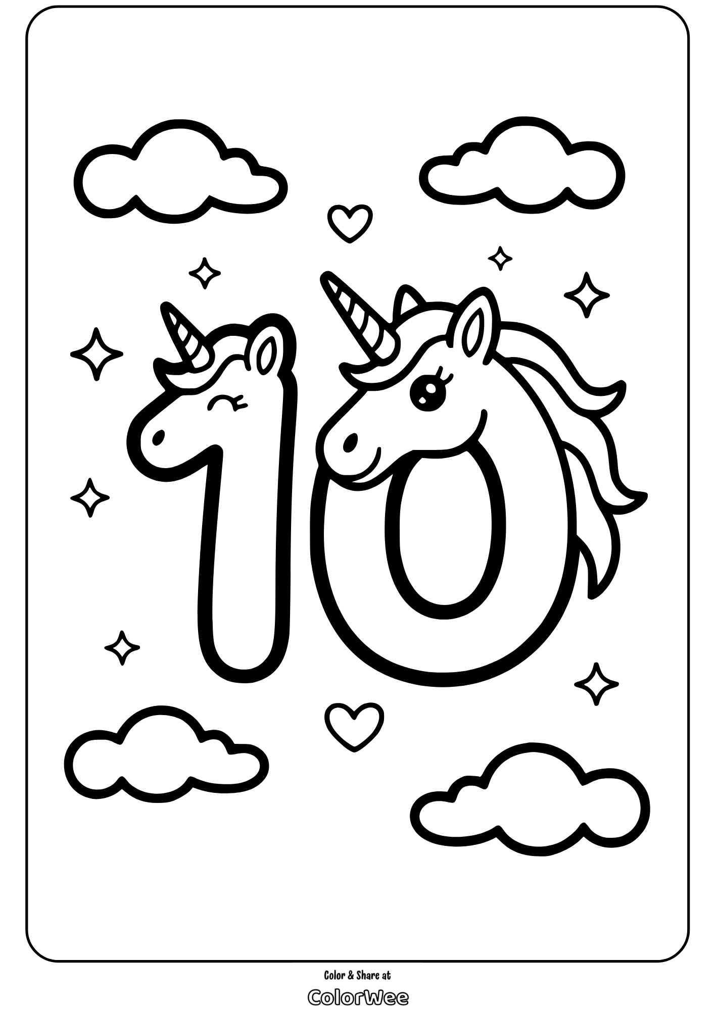 Coloring page with unicorns and number 10, clouds and stars.