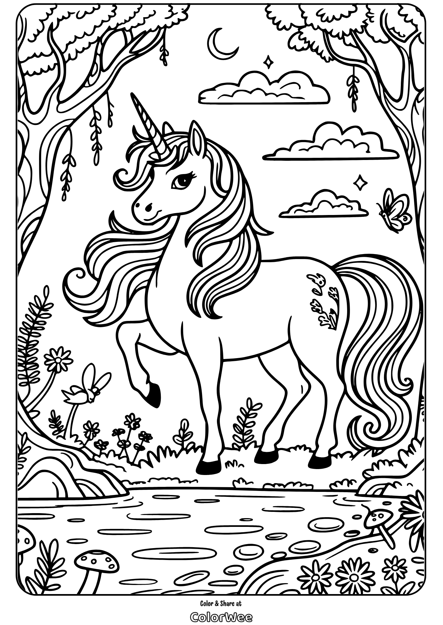 Unicorn coloring page with forest scene and butterfly