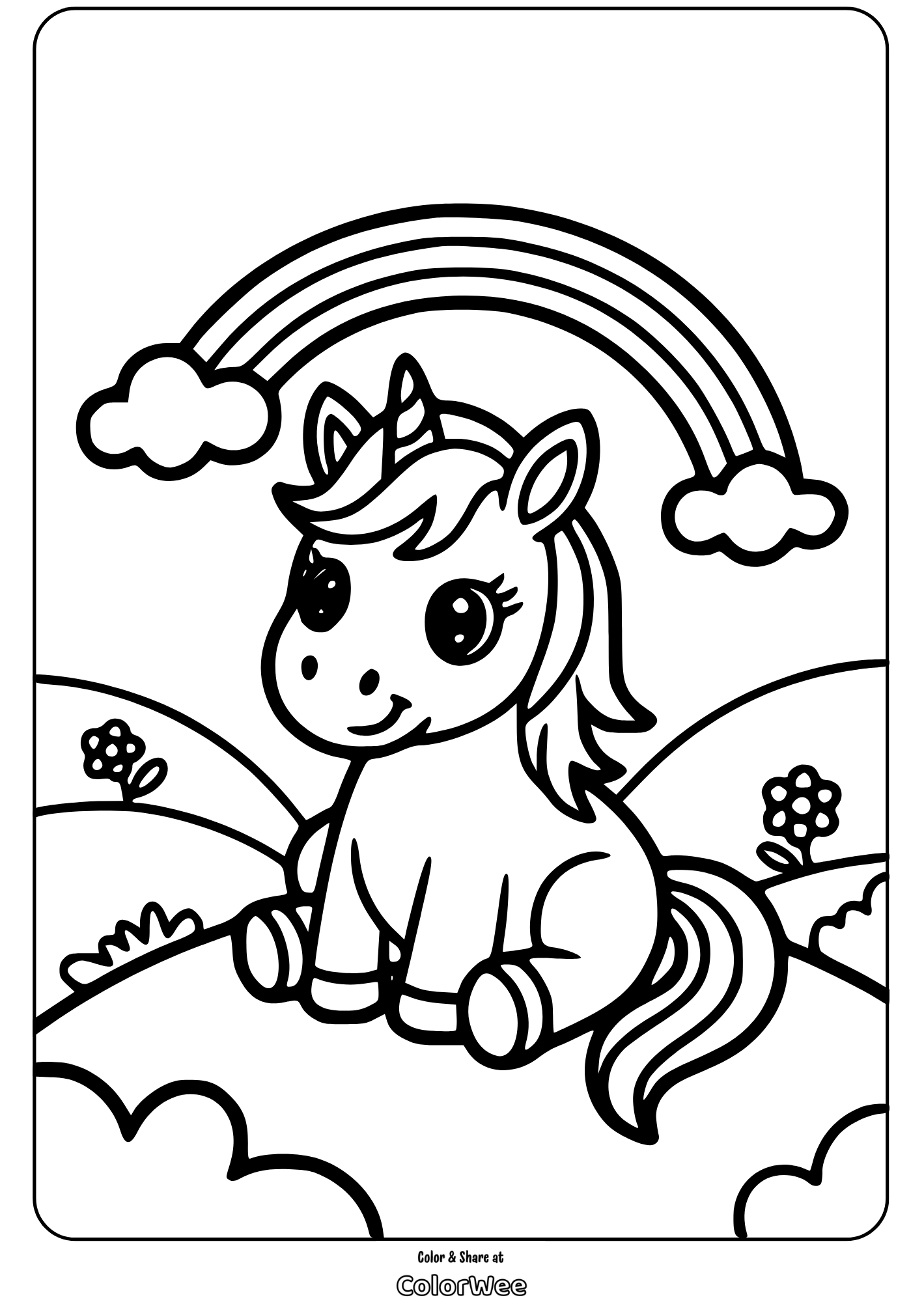 Unicorn coloring page with rainbow and clouds for kids.
