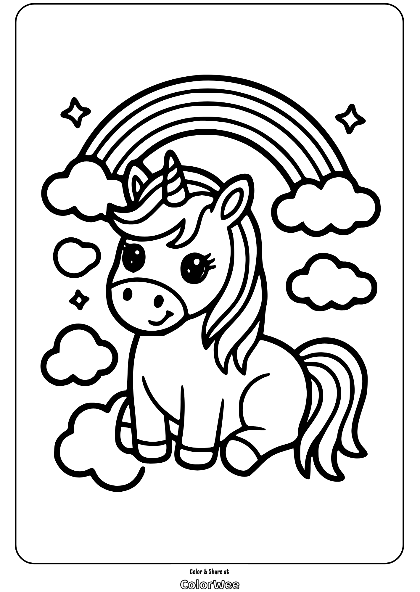 Cute unicorn and rainbow coloring page for kids.