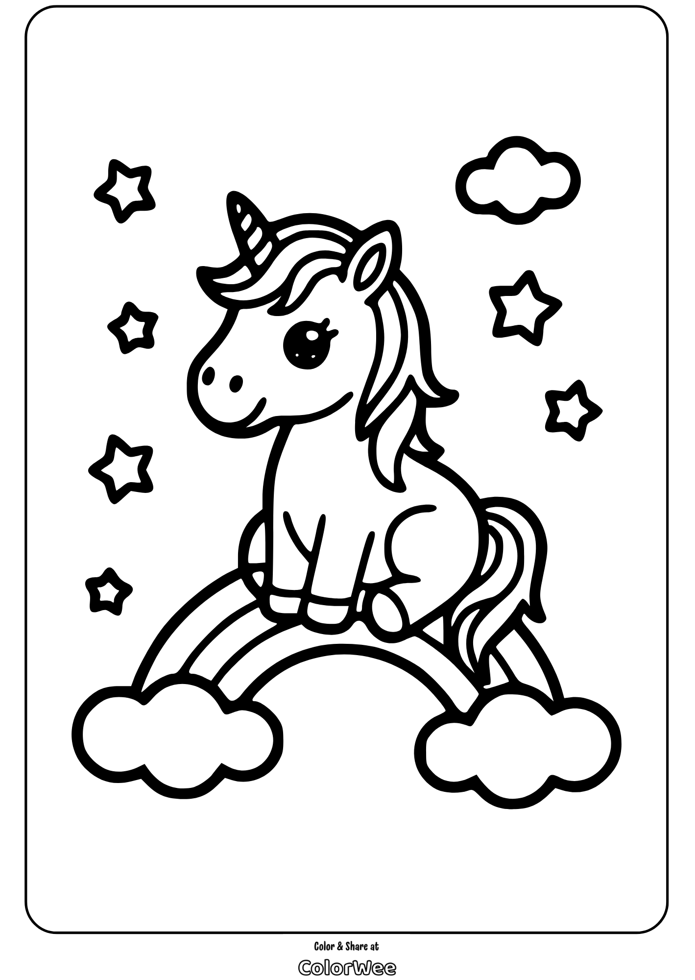 Unicorn on a rainbow with stars and clouds coloring page.
