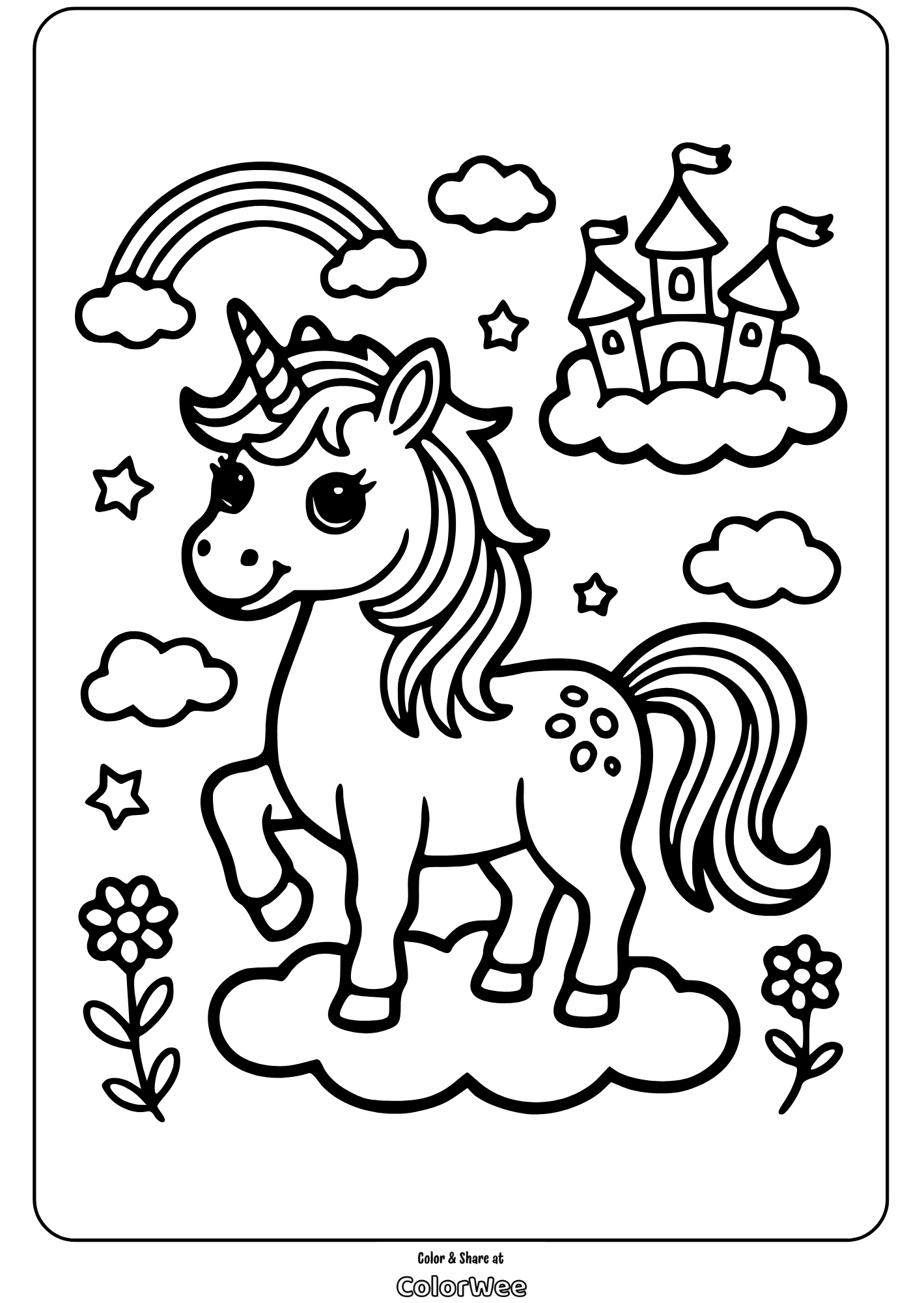 Unicorn coloring page with castle, rainbow, and clouds.