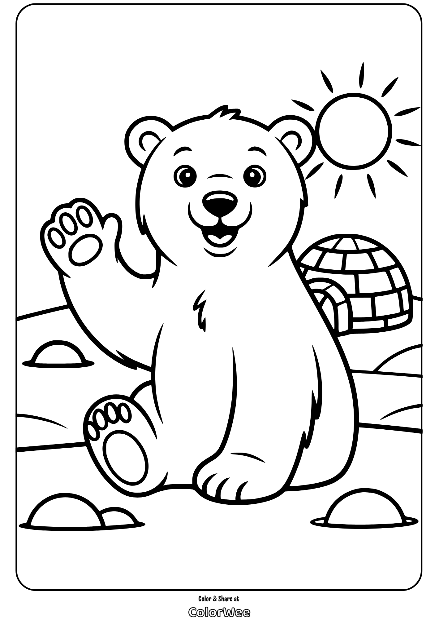 waving polar bear by igloo coloring page Cute bear waving with igloo and sun in background.