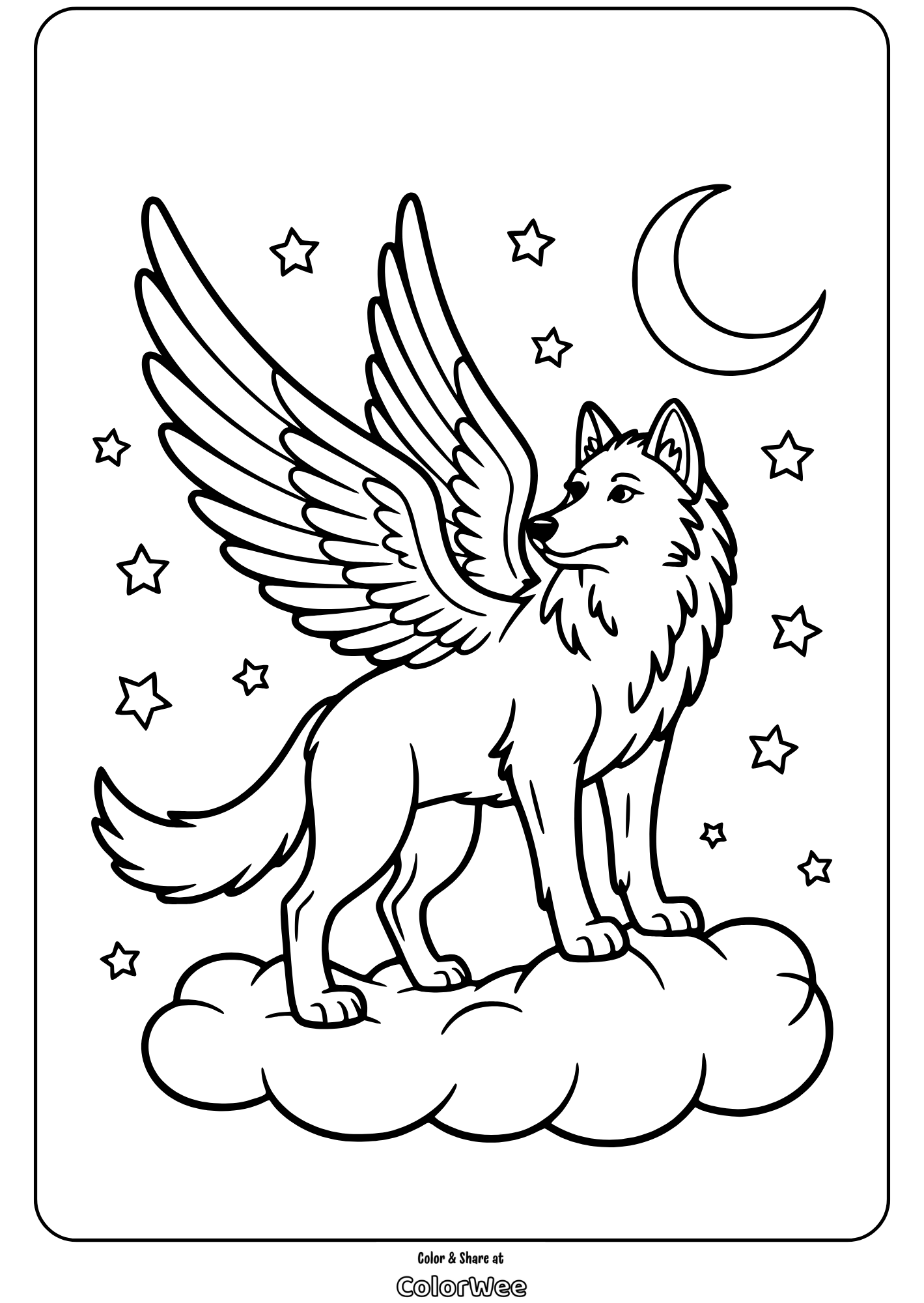 winged mythical wolf on cloud coloring page Coloring page of a winged wolf under a starry sky and crescent moon.
