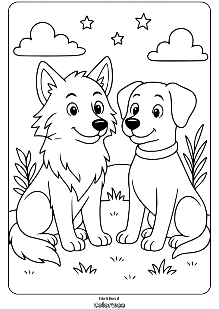 Cute cartoon dogs coloring page with stars and clouds.