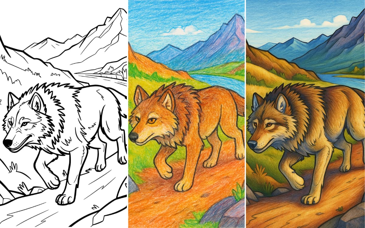 wolf featured image Wolf coloring page progression from line art to full color.