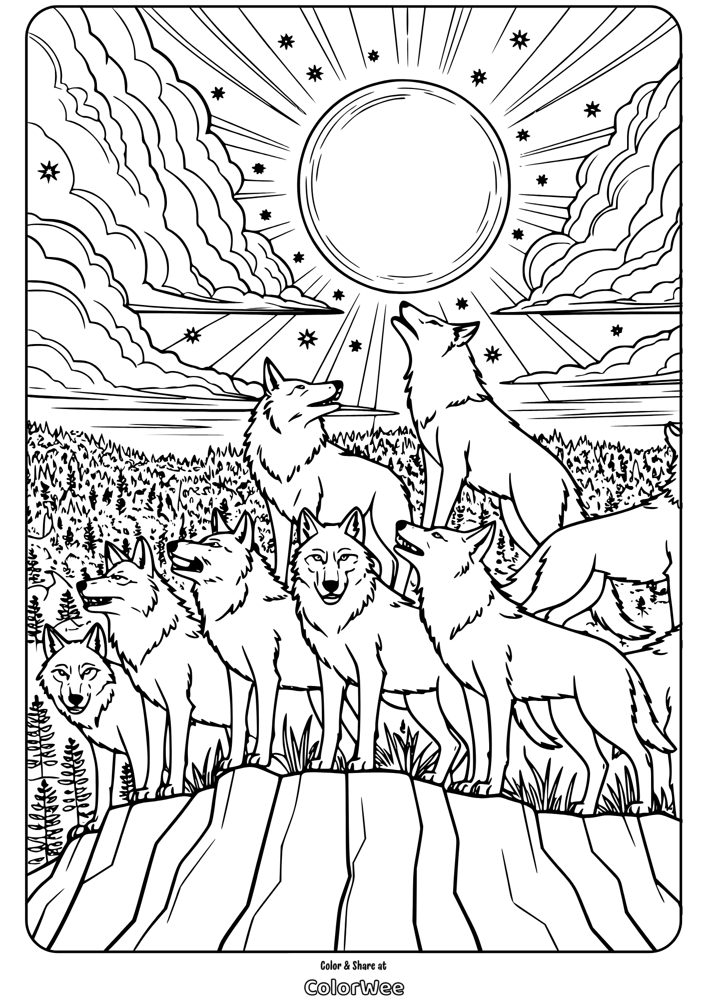 wolf pack howling at full moon coloring page Wolves howling at the sun on a mountain coloring page.