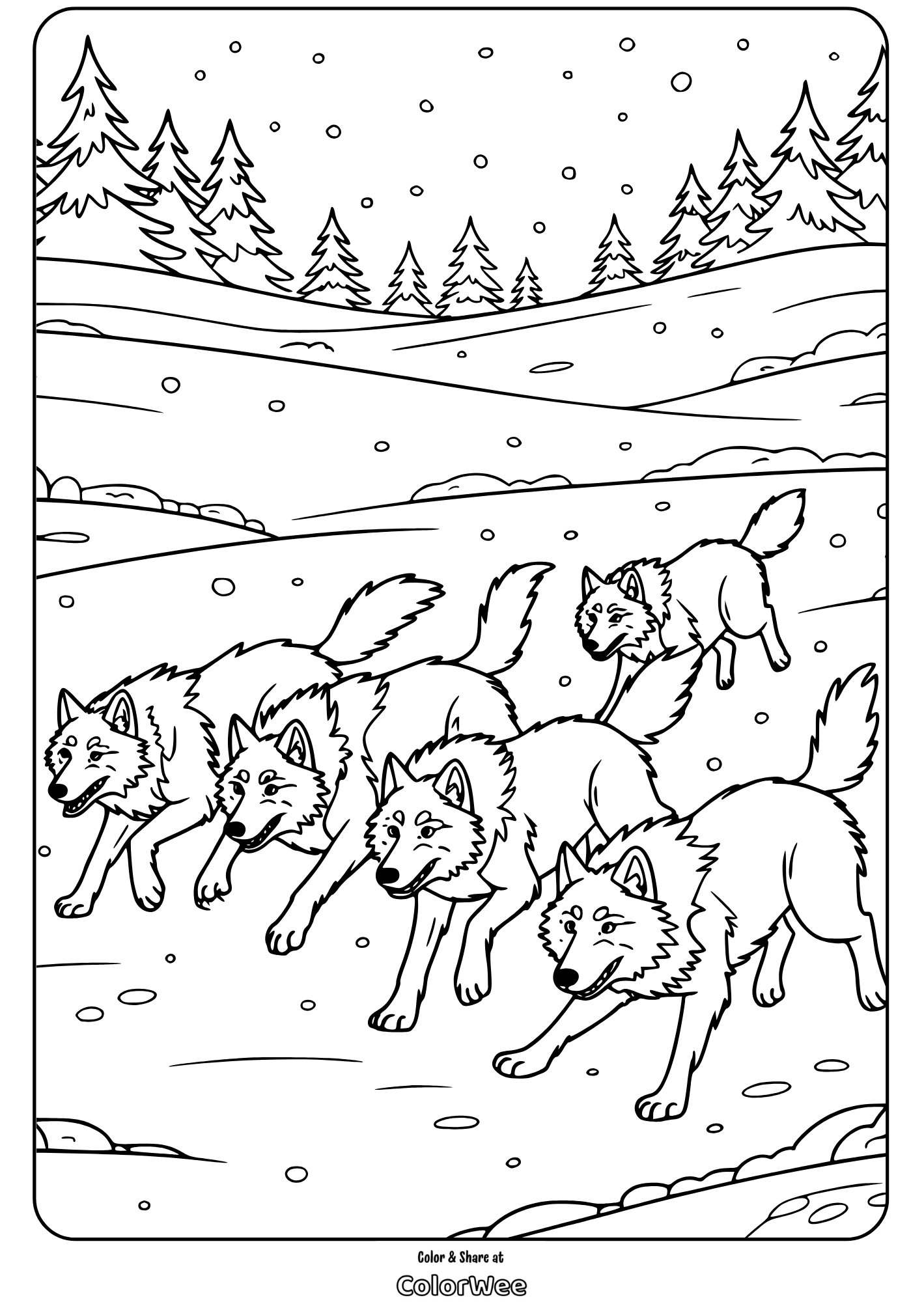 wolf pack running in snow coloring page Wolves running in snowy forest coloring page.