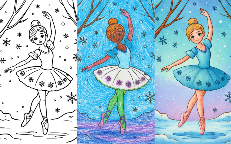 Ballerina Coloring Pages Ballet dancer coloring page with snowflakes and winter theme.