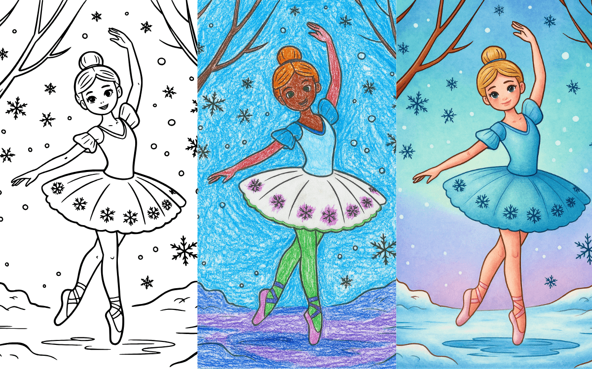 Ballet dancer coloring page with snowflakes and winter theme.