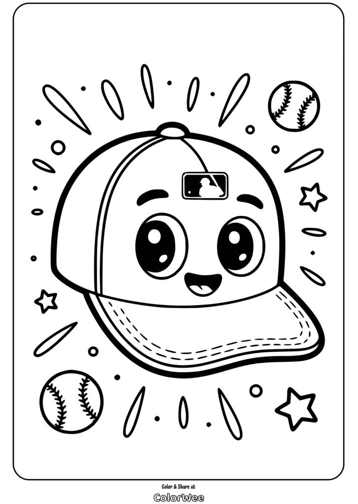 Smiling baseball cap with stars and baseballs coloring page.