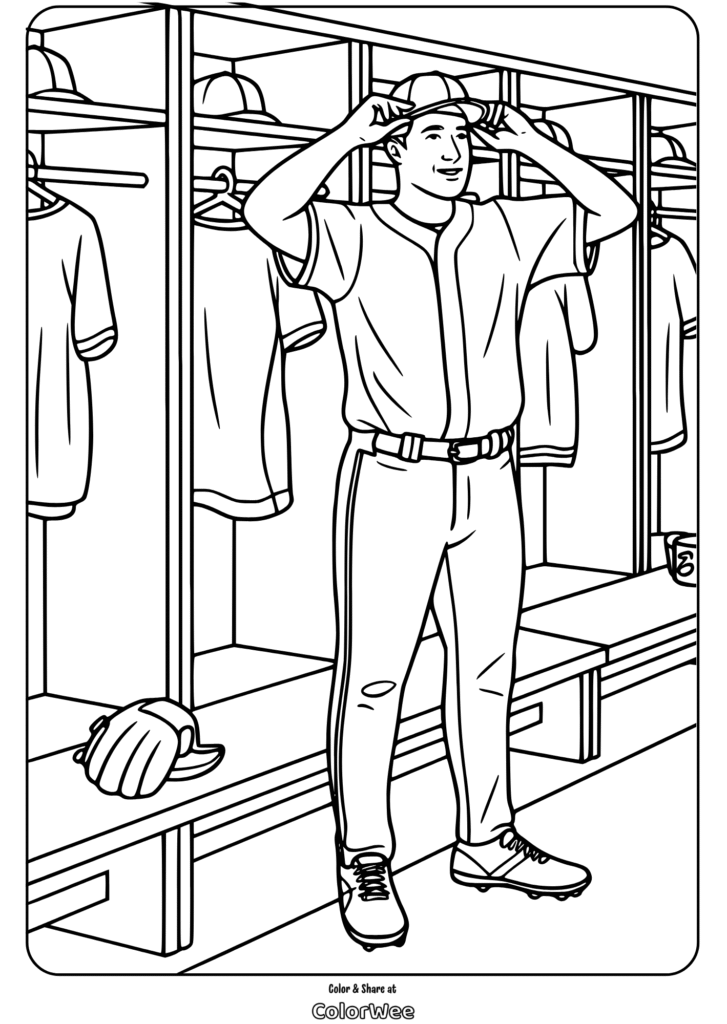 Baseball player in uniform adjusting cap in locker room coloring page