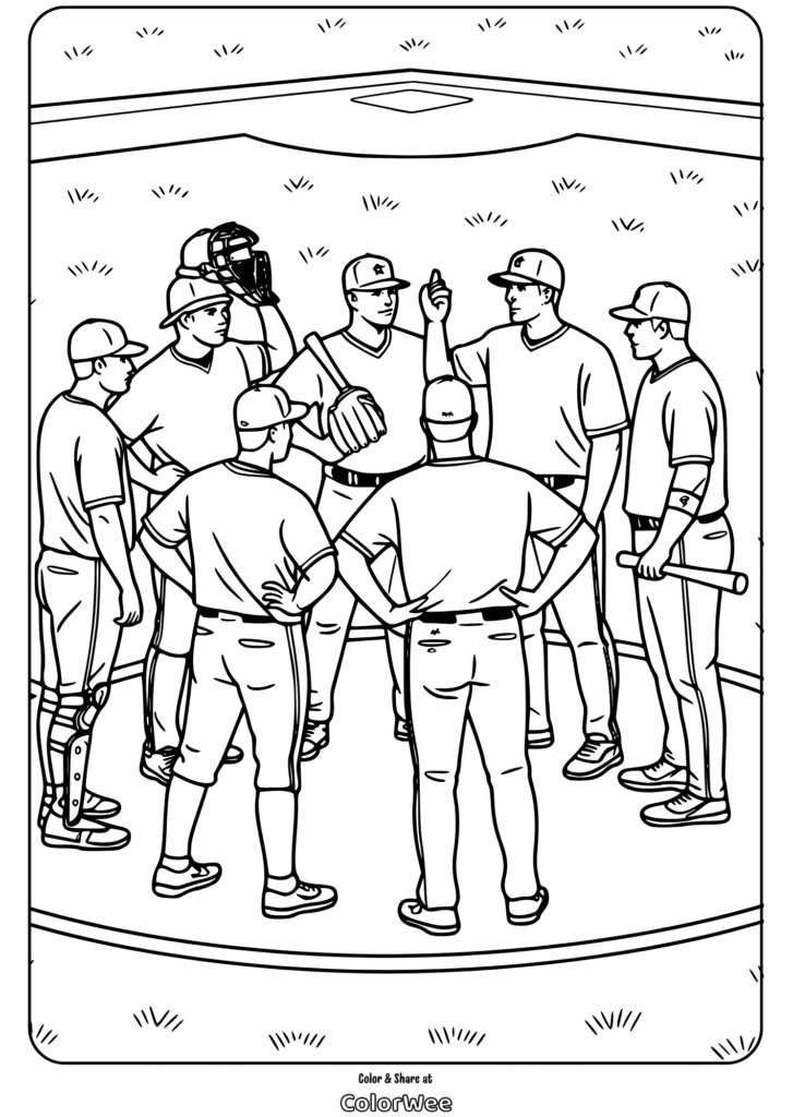Baseball team meeting on the pitcher's mound coloring page.
