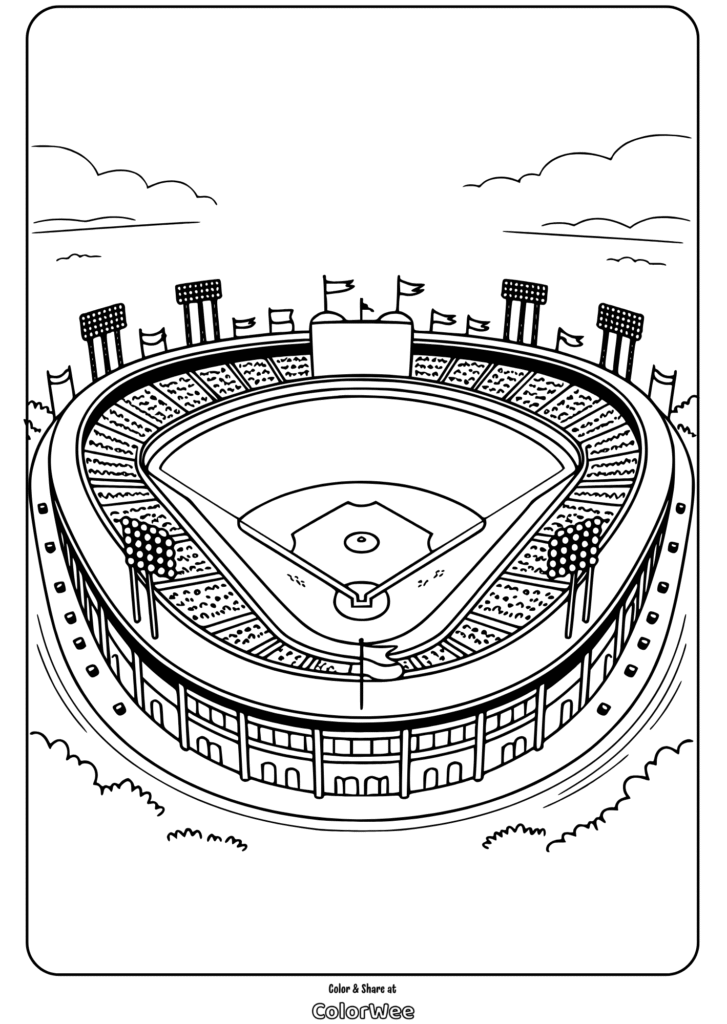 Baseball stadium coloring page with detailed seating and field.