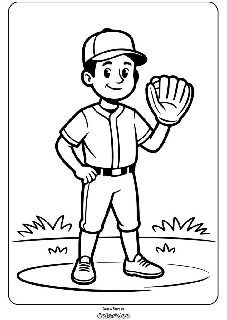Young baseball player coloring page for kids.