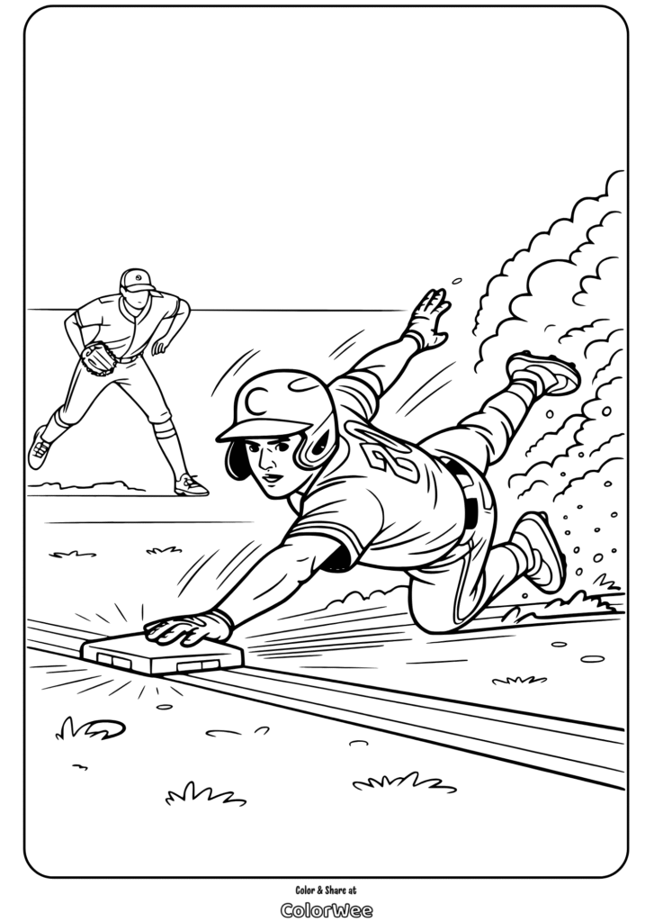 Baseball player sliding into base coloring page.