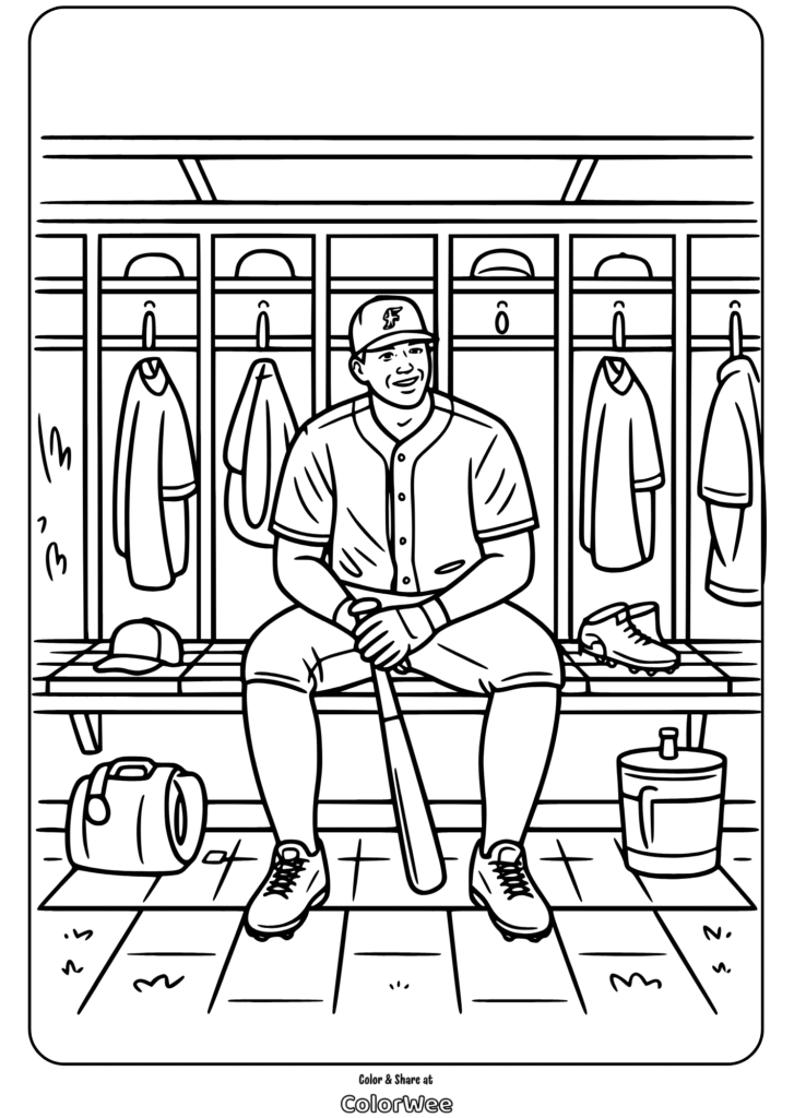 Baseball player in locker room coloring page, sitting with bat.