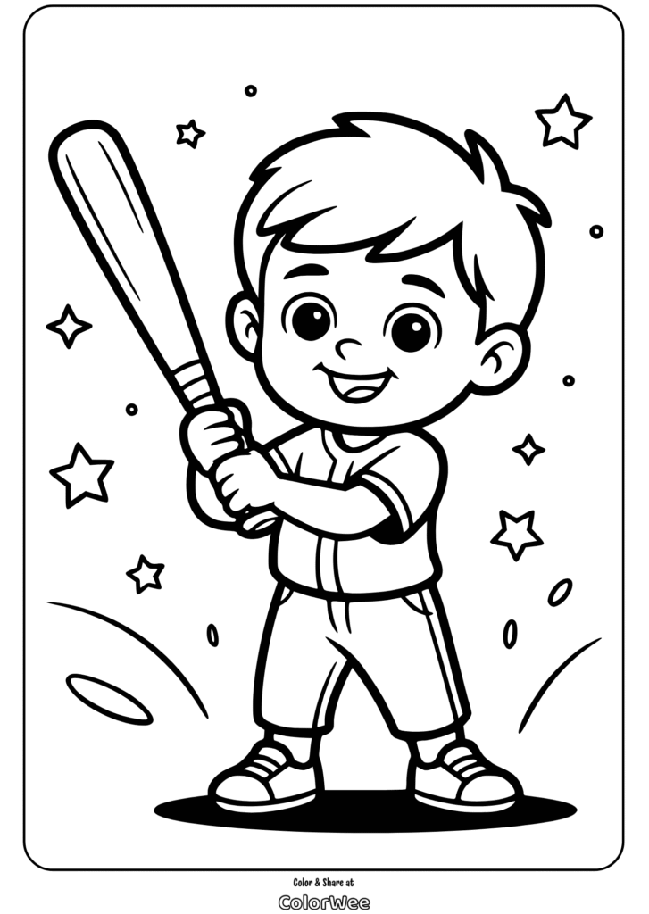 Child with baseball bat coloring page for kids.