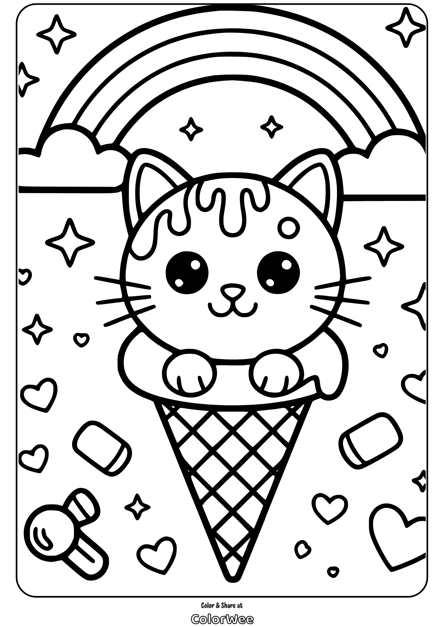 Cat Ice Cream 2 Cute cat in ice cream cone coloring page with rainbow and stars.