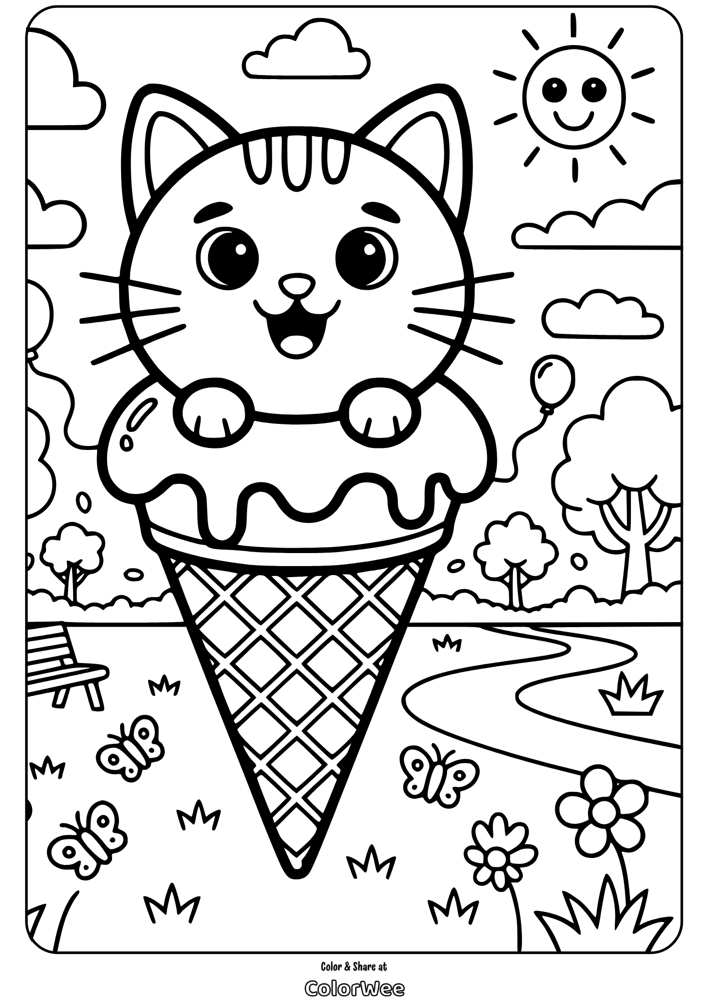 Cat Ice Cream 5 Cute cat in an ice cream cone coloring page with sun and nature.